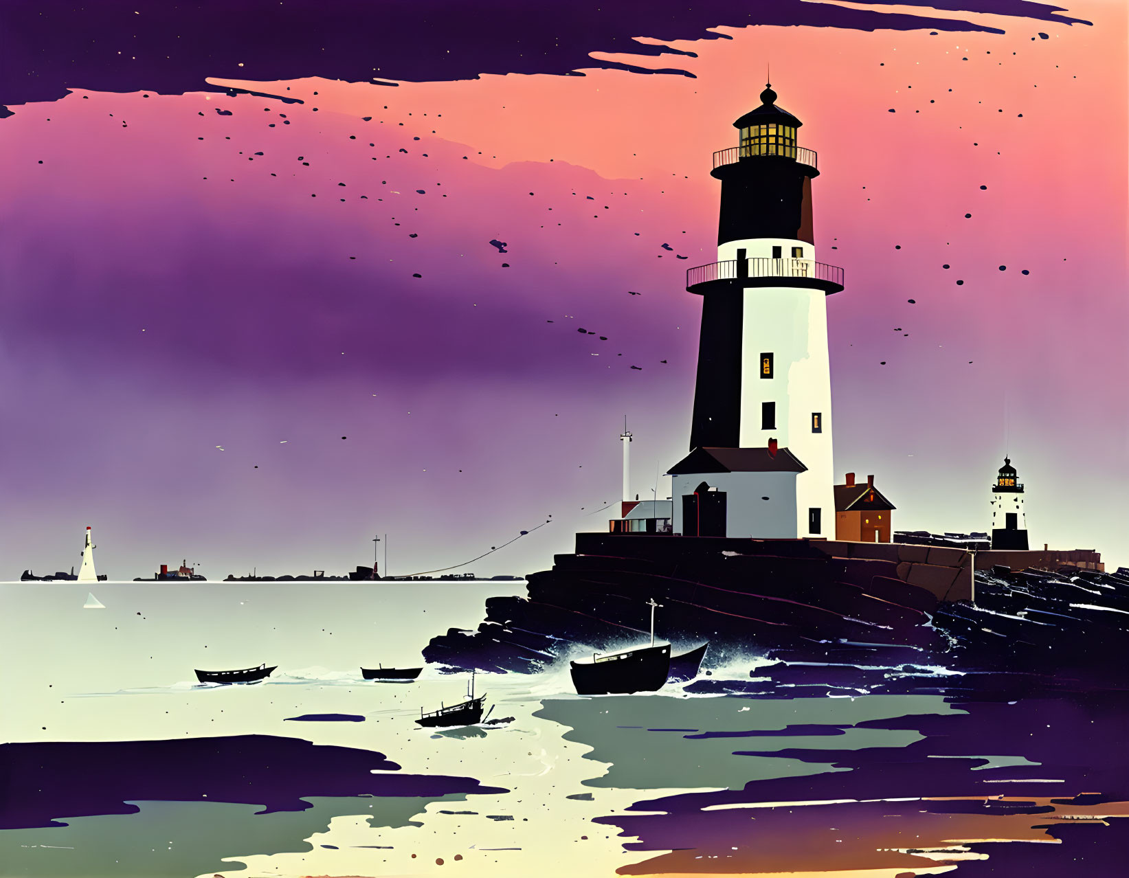 Stylized coastal scene with lighthouse, boats, and purple dusk sky