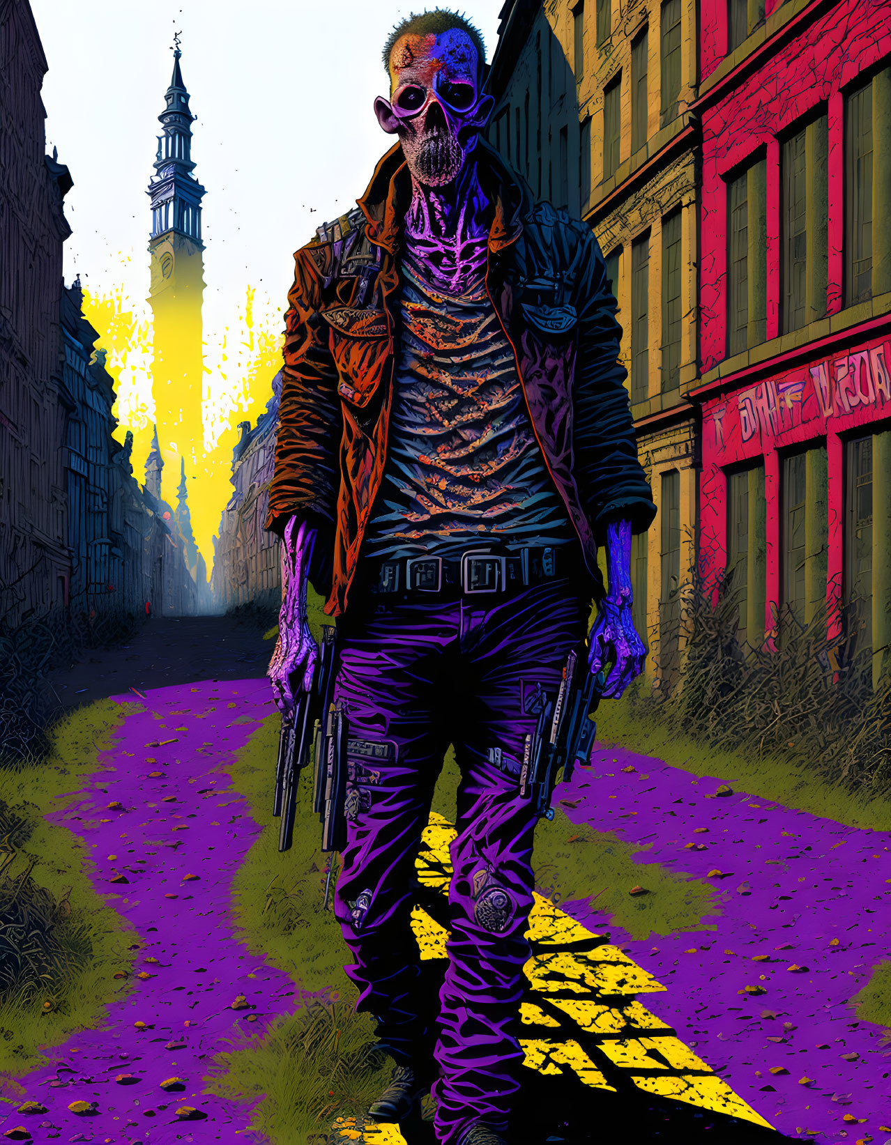 Stylized urban zombie in vibrant cityscape.