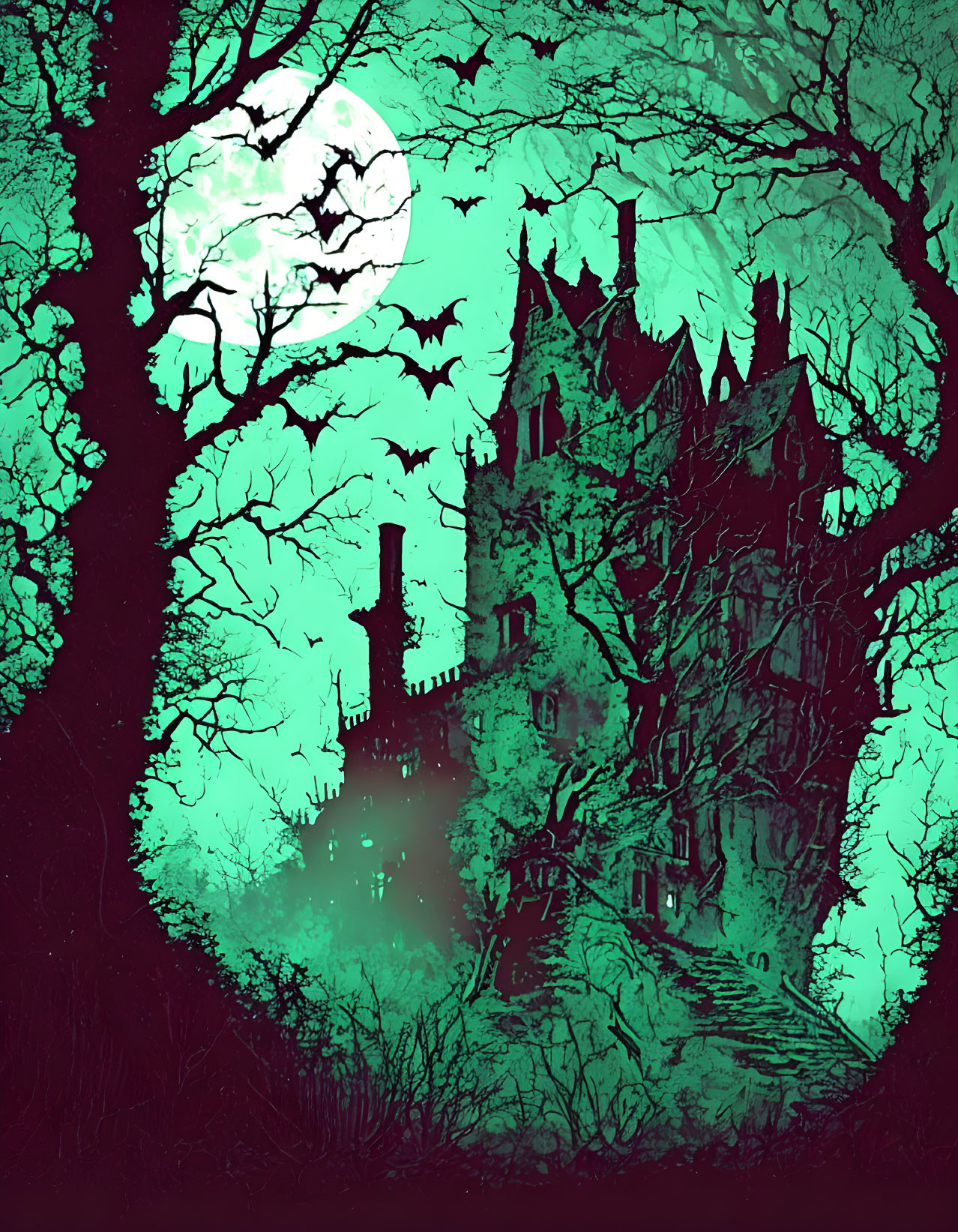 Eerie green-toned haunted castle with bats and full moon.