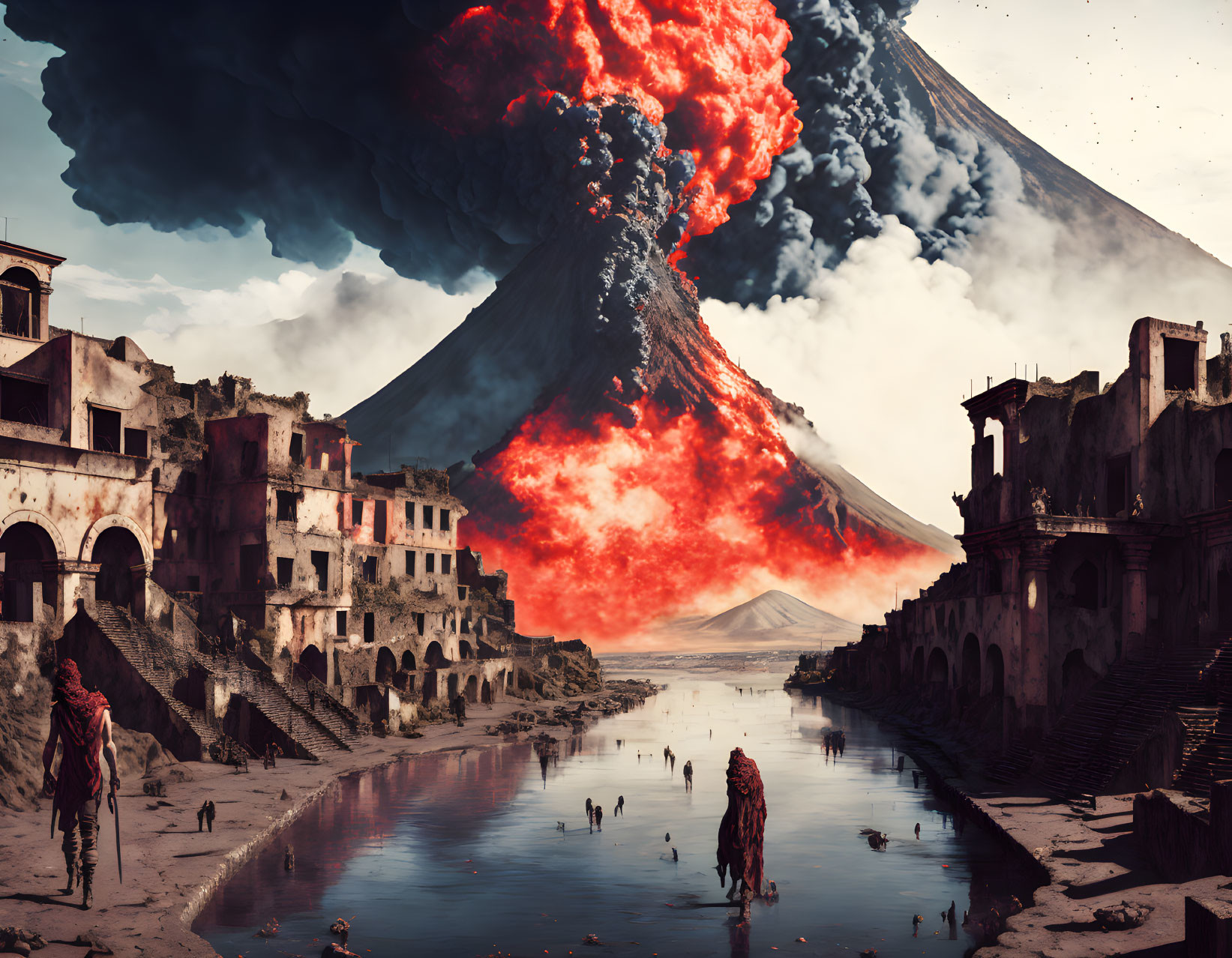 Dramatic volcanic eruption over abandoned cityscape with ash cloud.