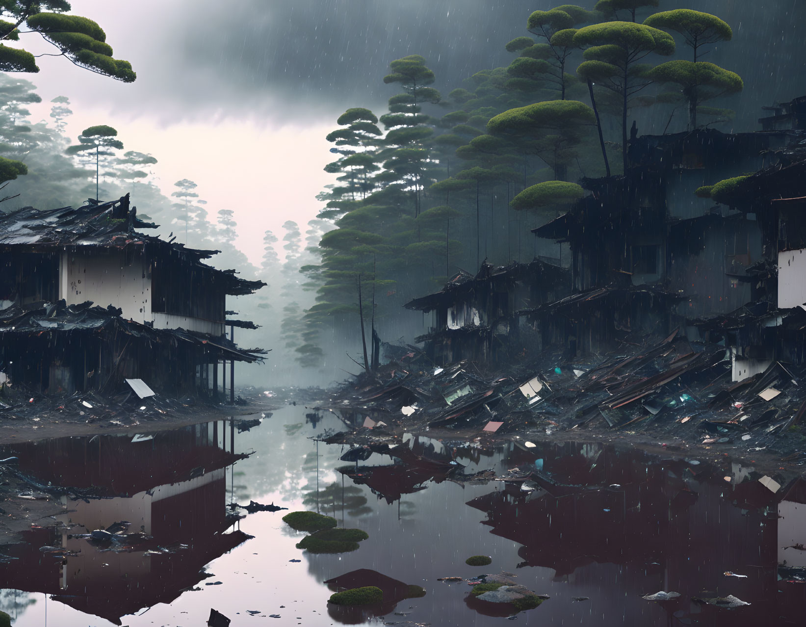 Abandoned flood-ravaged village with traditional buildings in misty atmosphere