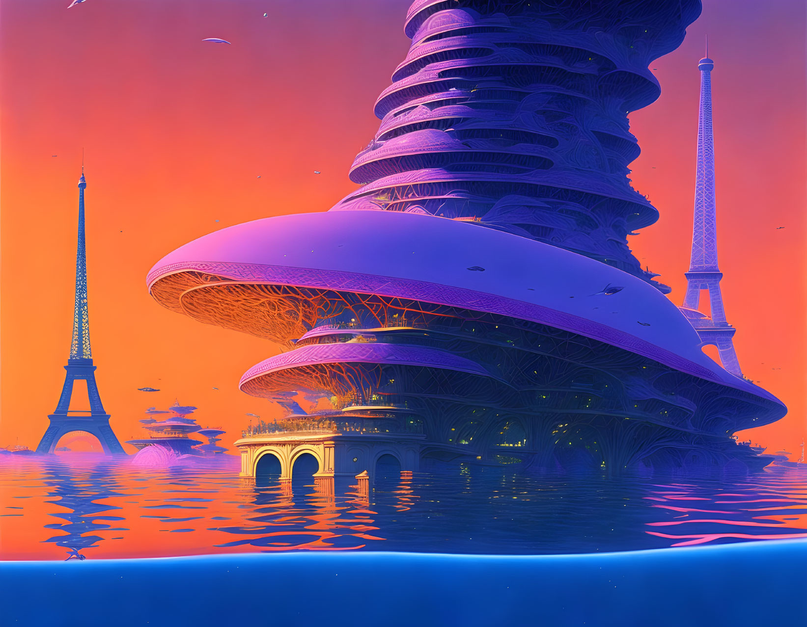 Futuristic cityscape with spiraling tower near Eiffel Tower at sunset