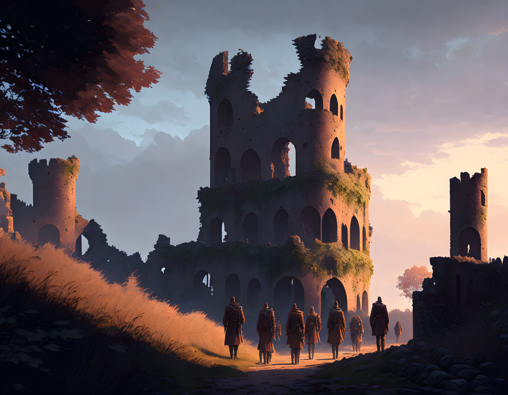 Travelers near ivy-clad ruins at sunset with warm light.