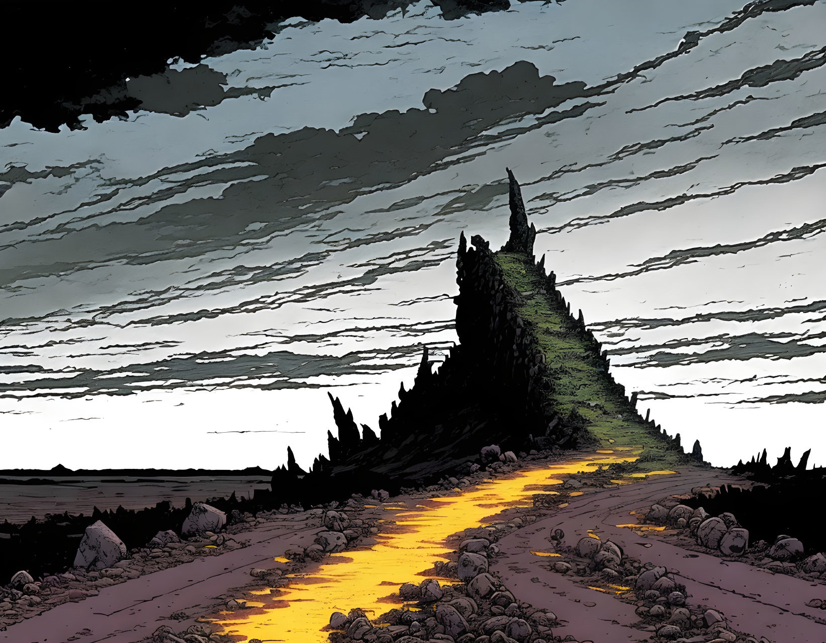 Illustrated scene of hill with jagged peak, reflective path, and layered sky.