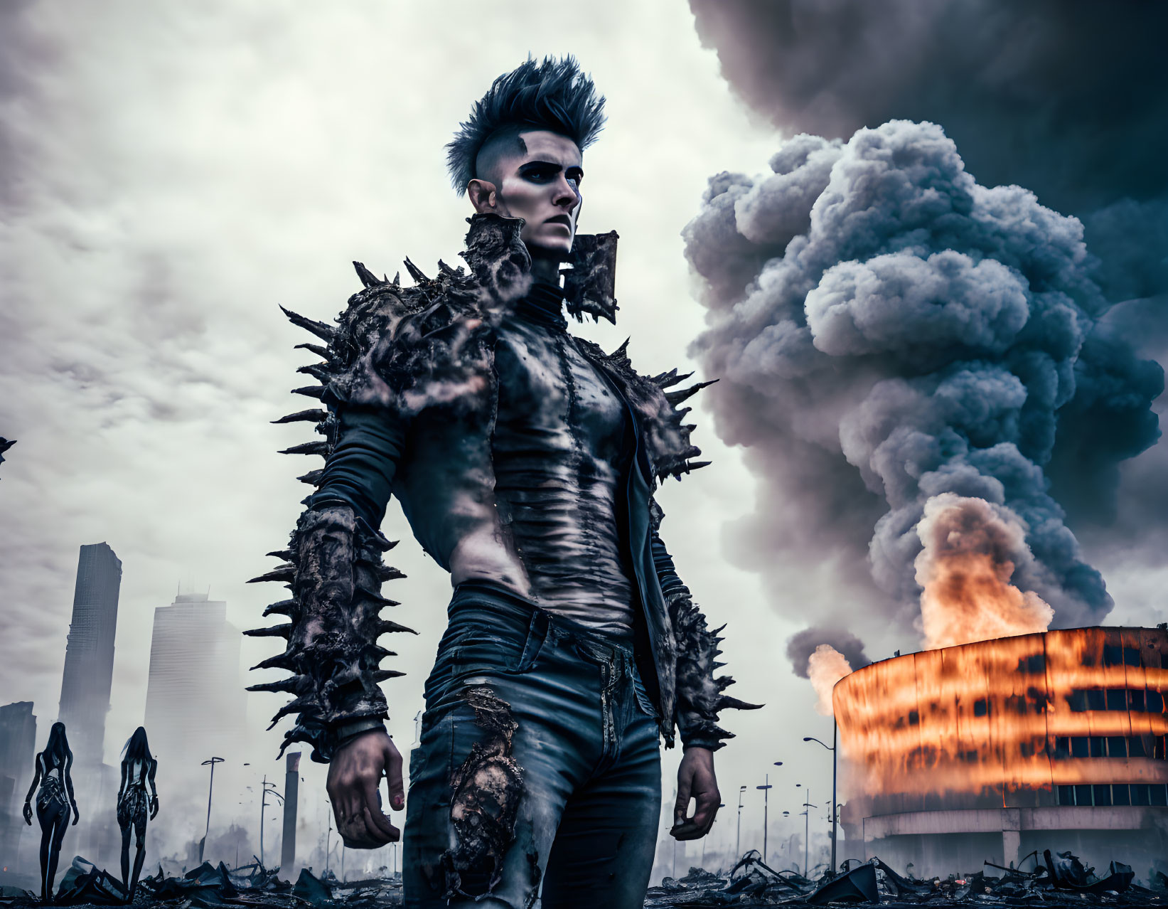 Punk-style character in post-apocalyptic setting with explosions and ruins