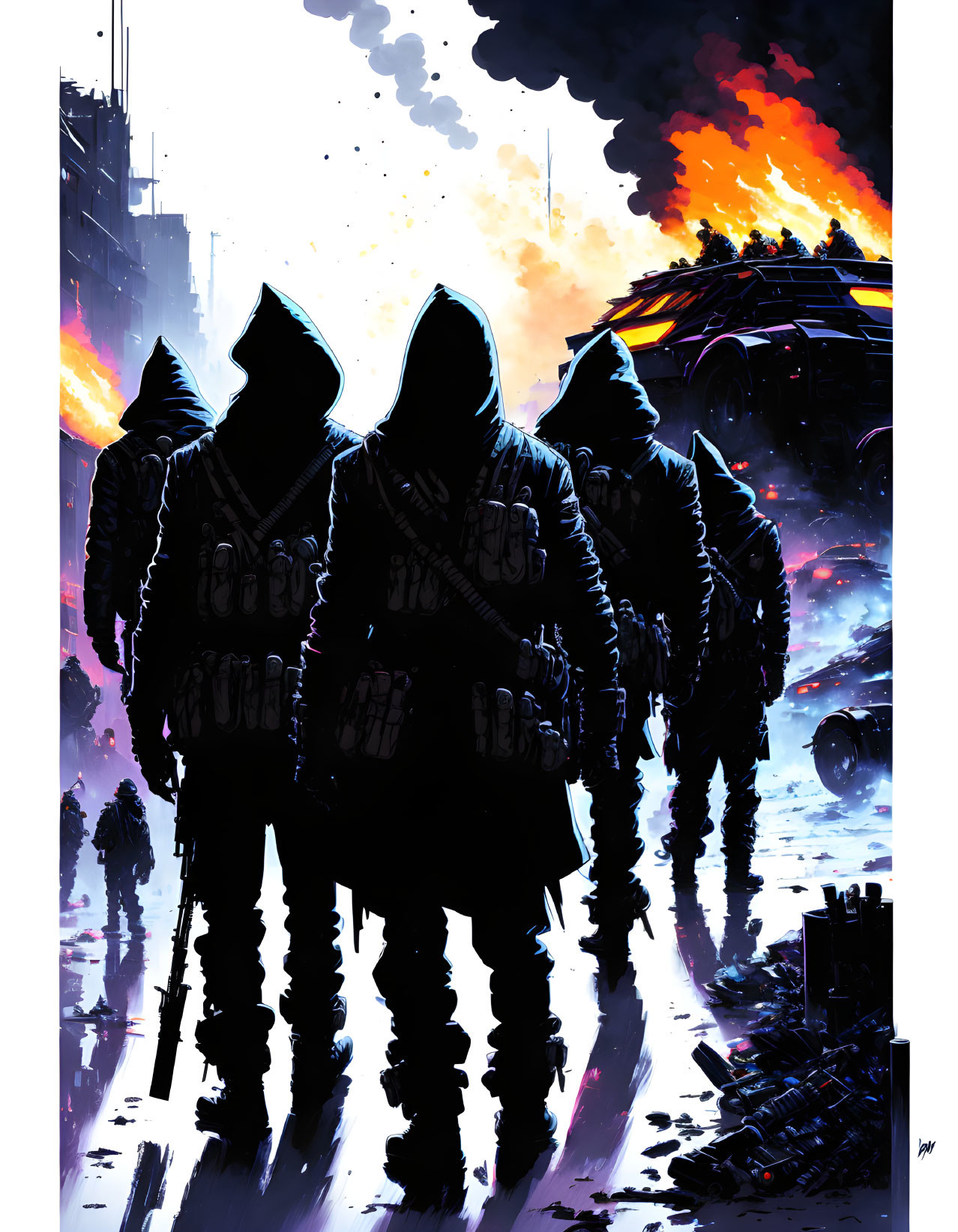 Silhouetted figures in hooded jackets against fiery explosions and dystopian cityscape.