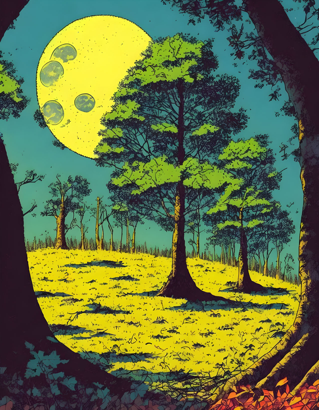 Colorful forest scene with large yellow moon and multiple moons in starless sky