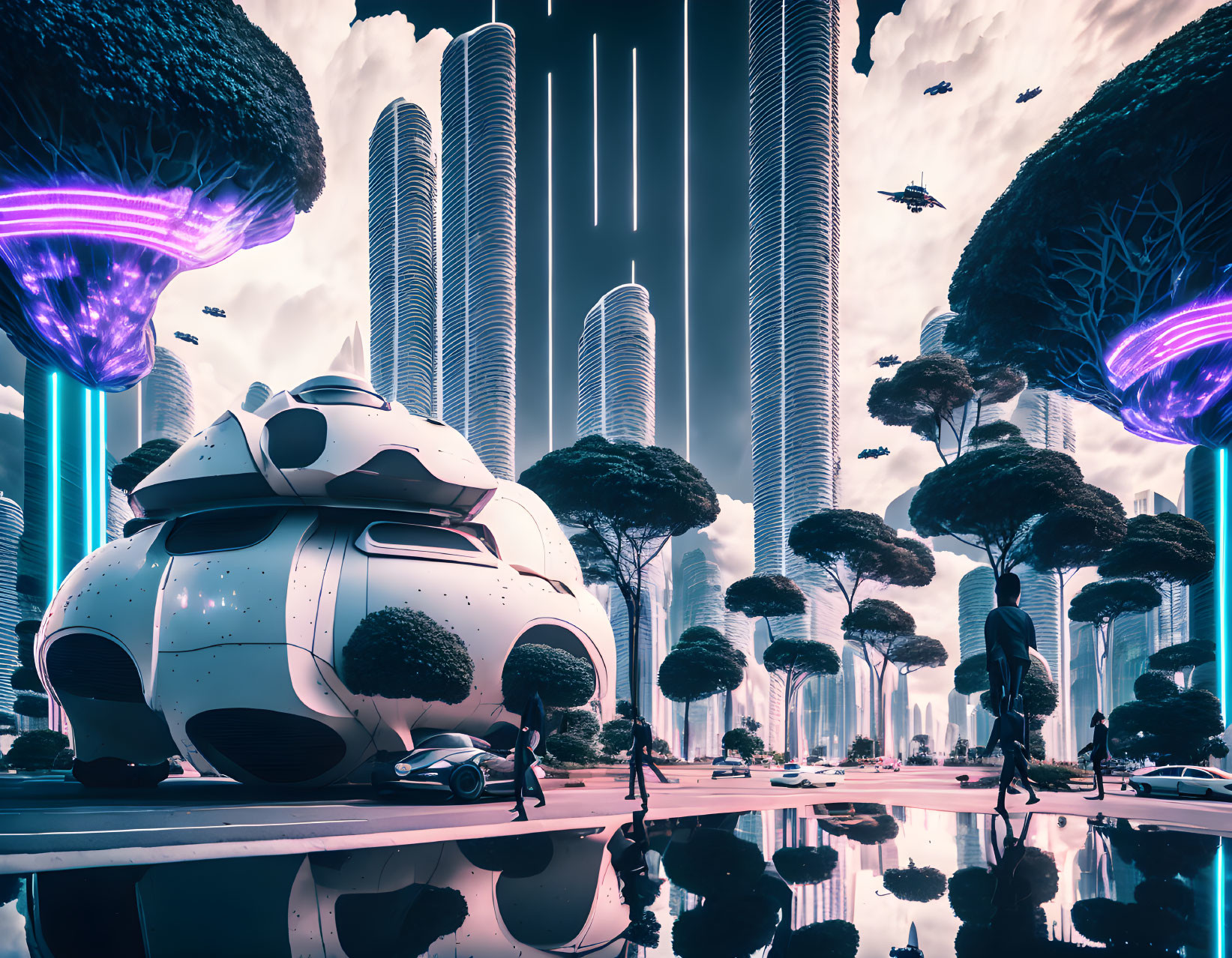 Futuristic cityscape with skyscrapers, flying vehicles, exotic trees, and a person near