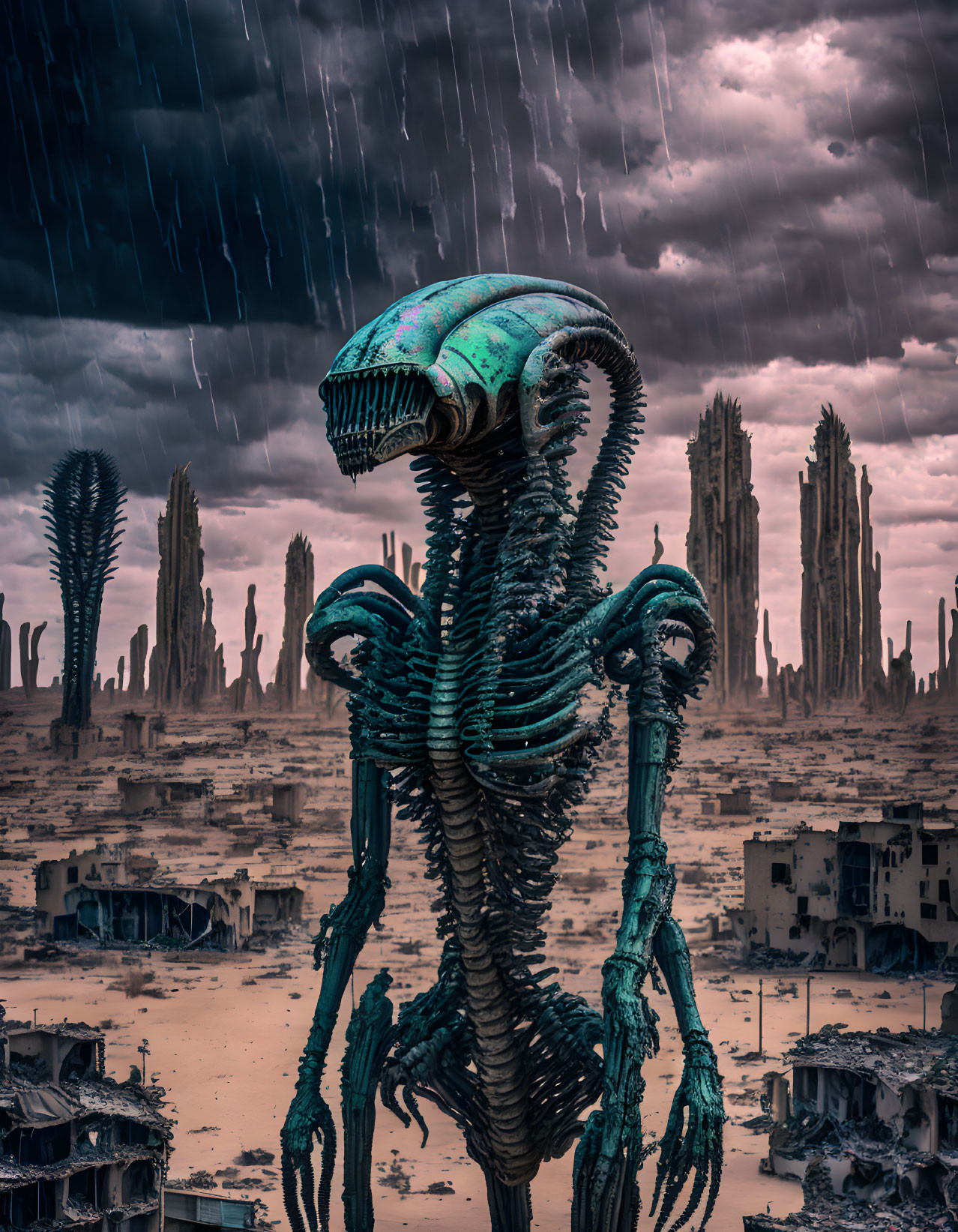 Gigantic biomechanical creature in rainy cityscape