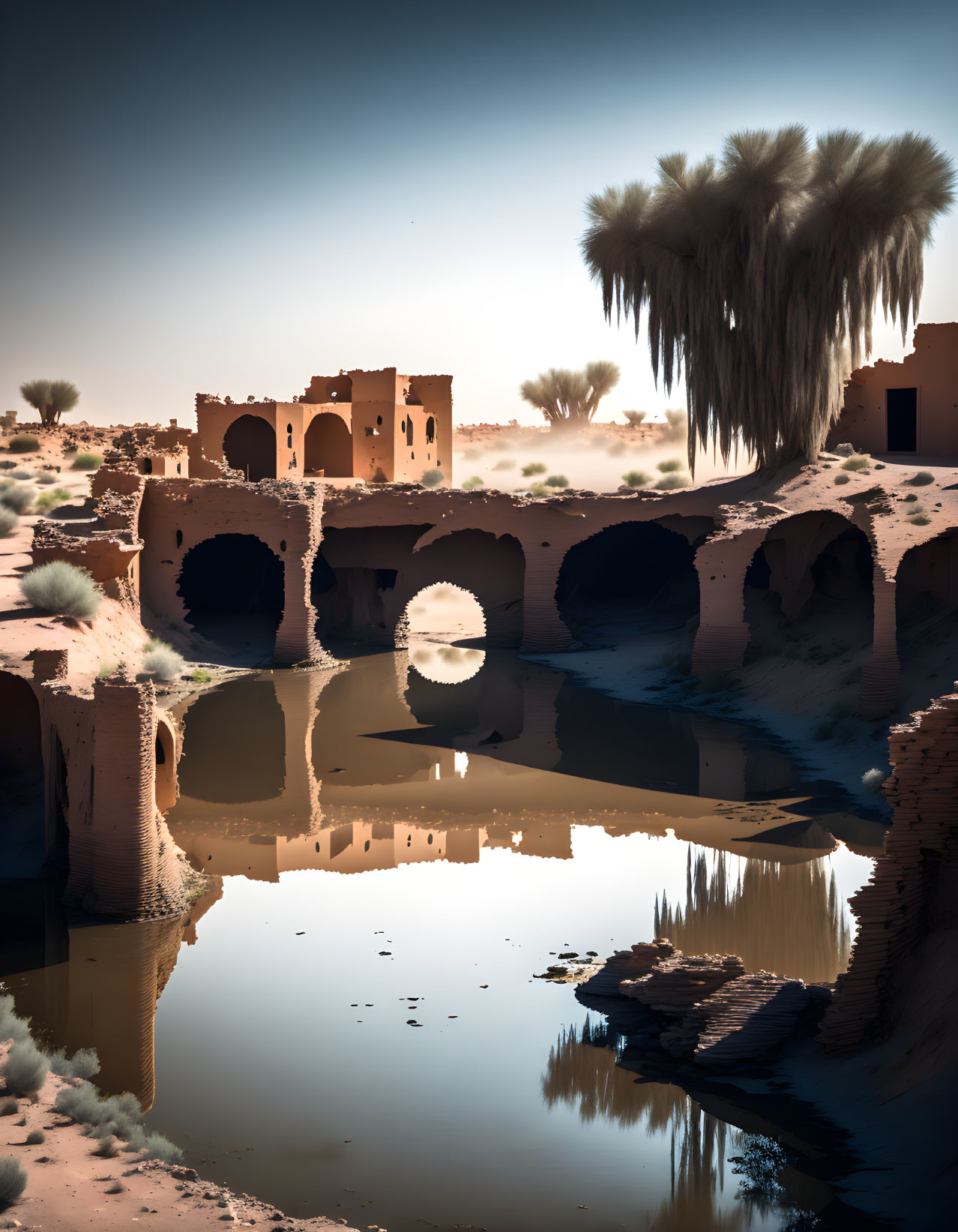 Ancient desert ruin mirrored in tranquil water with palm trees under hazy sky