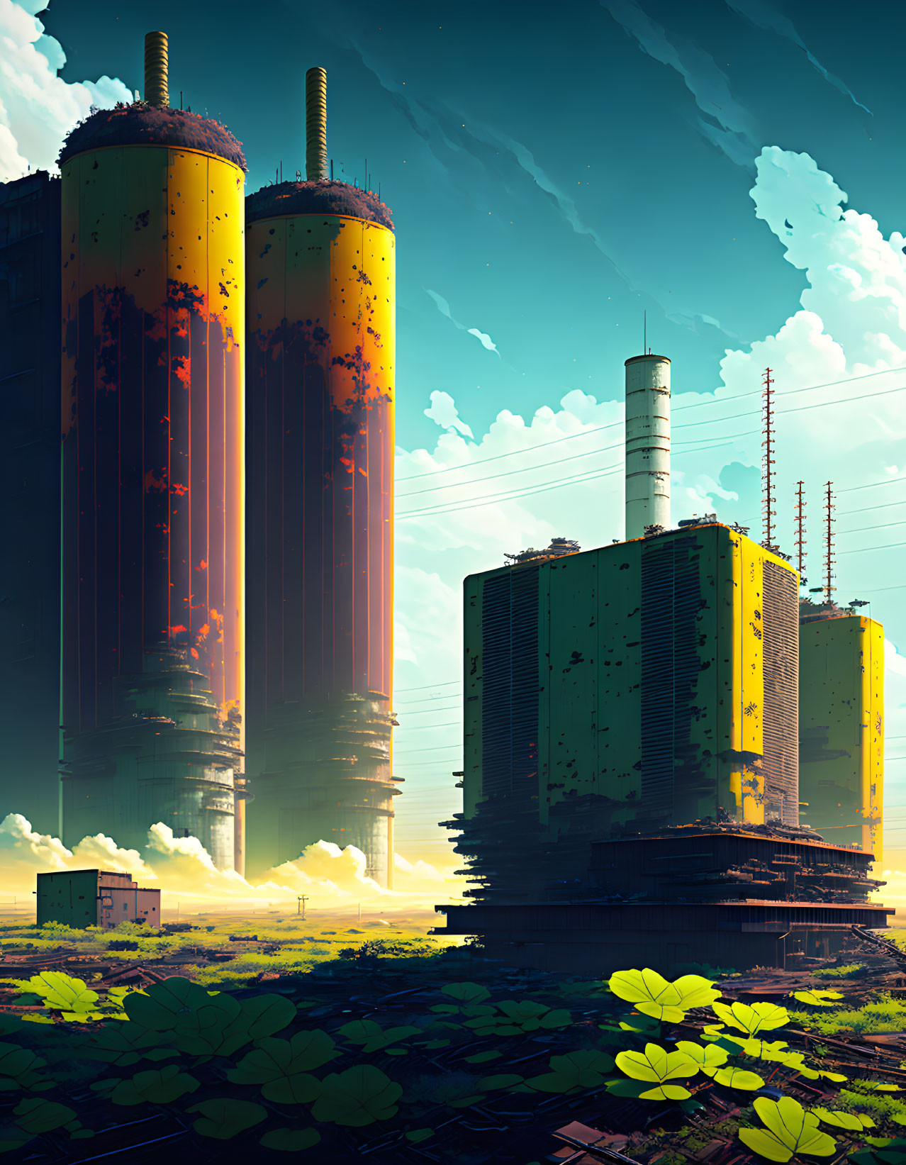 Futuristic industrial buildings in vibrant green landscape