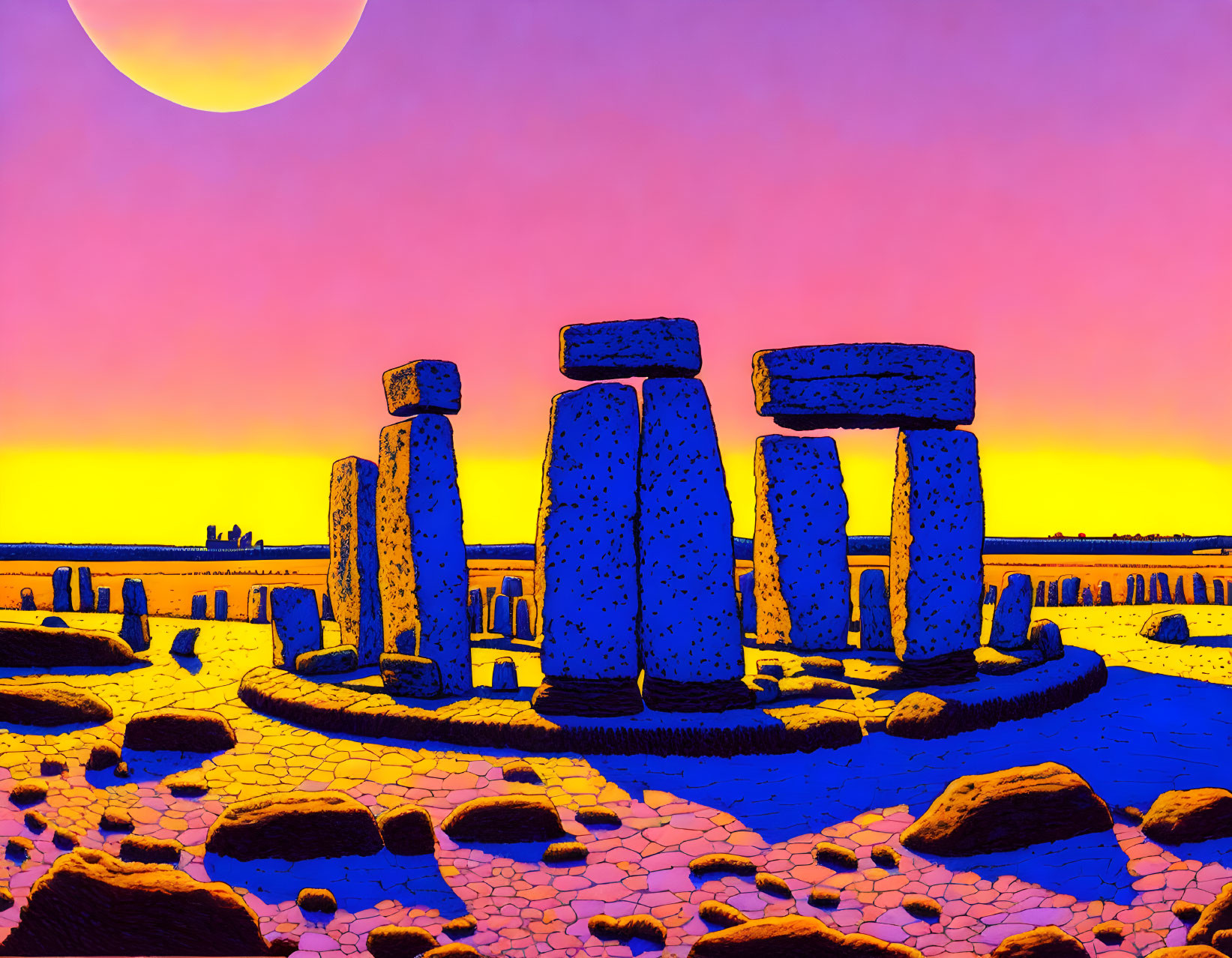 Surreal Stonehenge with neon colors and pink sun on cracked ground