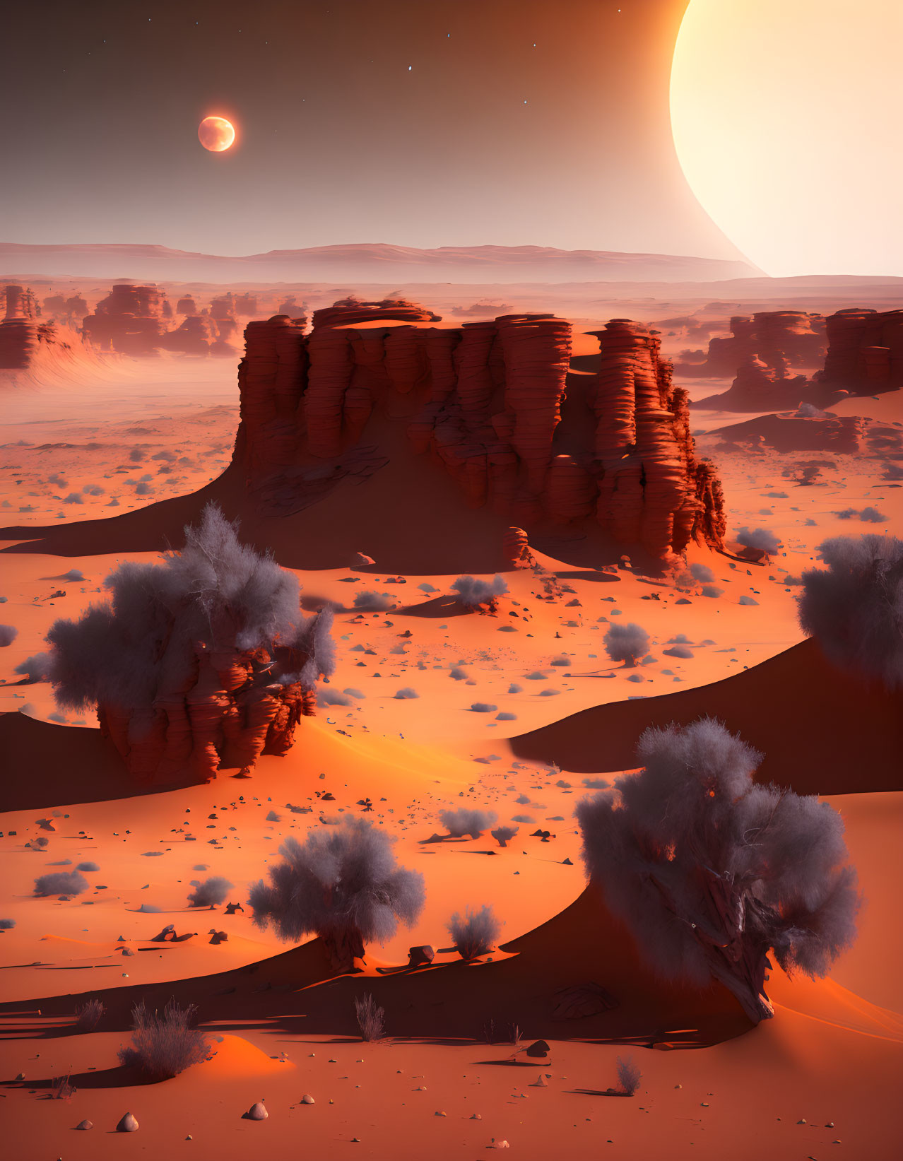 Surreal desert landscape with red sand, towering rocks, alien plants, and large moon.