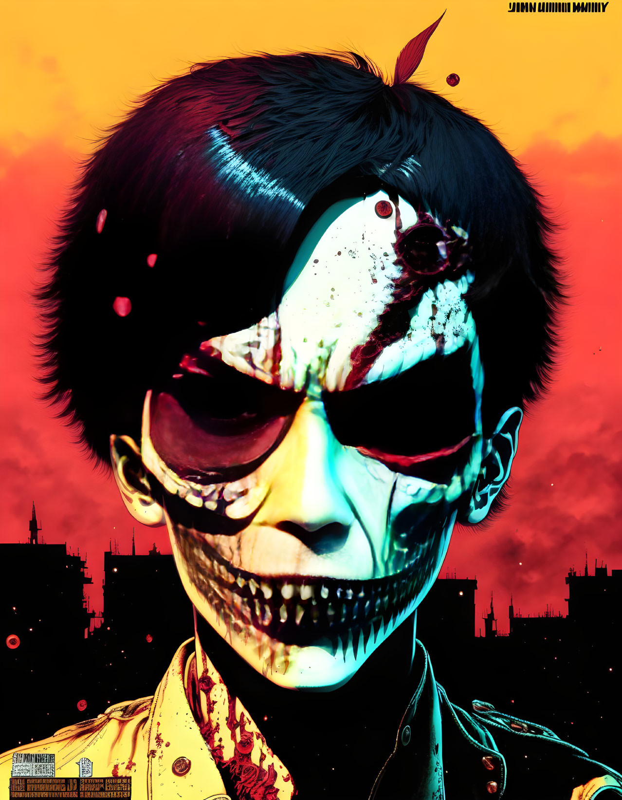 Person with skull face in urban apocalypse artwork on red & yellow background