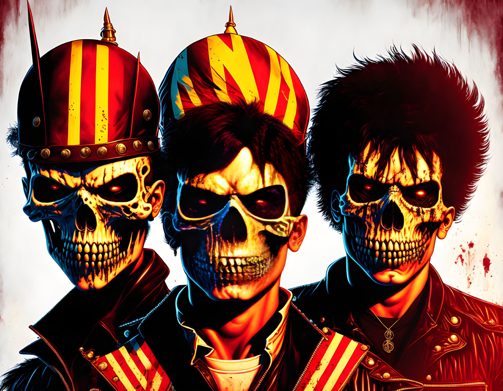 Stylized skull-faced characters in punk outfits on red splattered backdrop