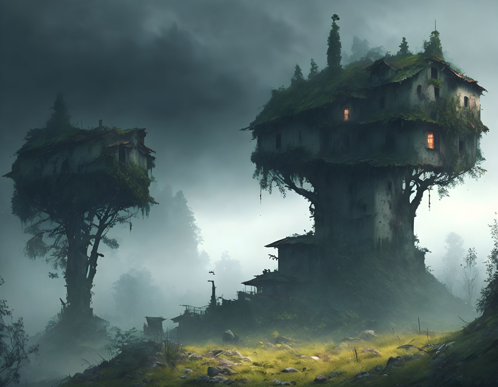 Mystical treehouses in foggy terrain with glowing windows