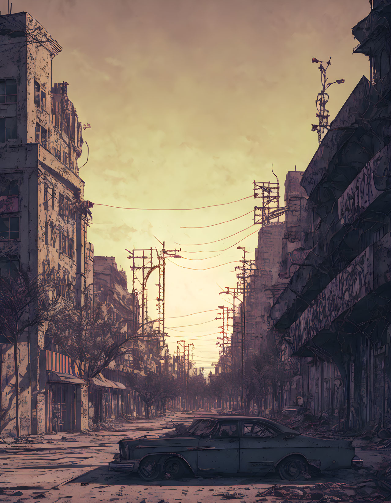 Desolate urban street at sunset with abandoned car and derelict buildings