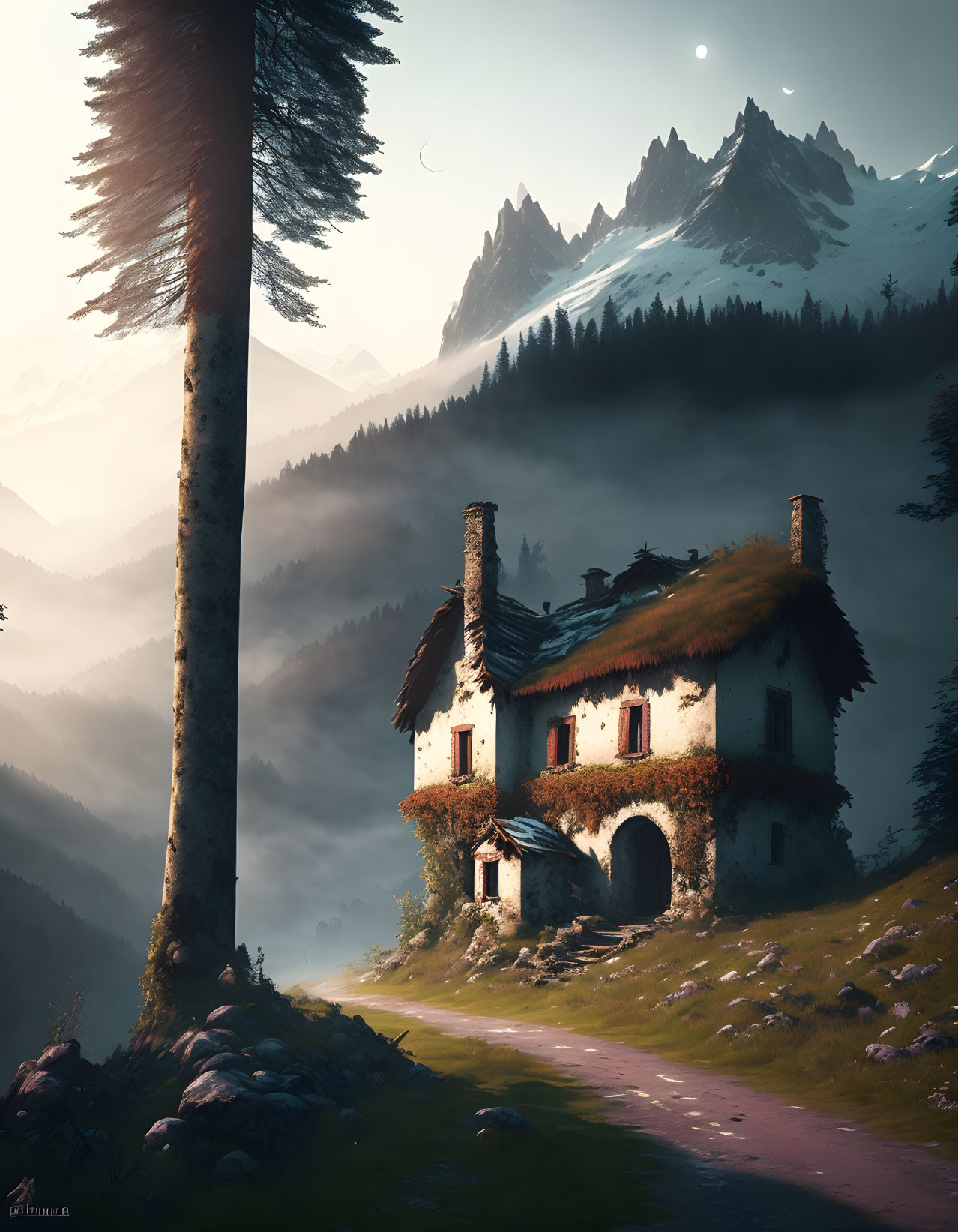 Tranquil landscape with old cottage, tall tree, misty valley, and mountains