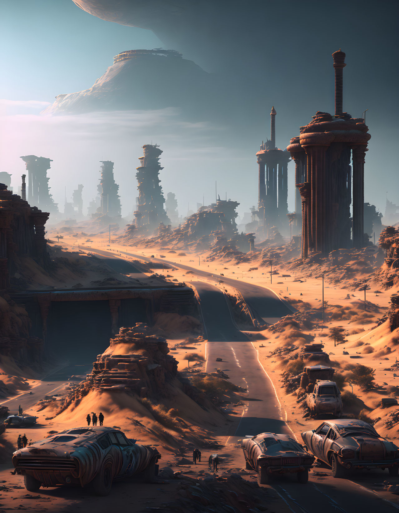 Futuristic desert cityscape with towering structures and large planet in the sky