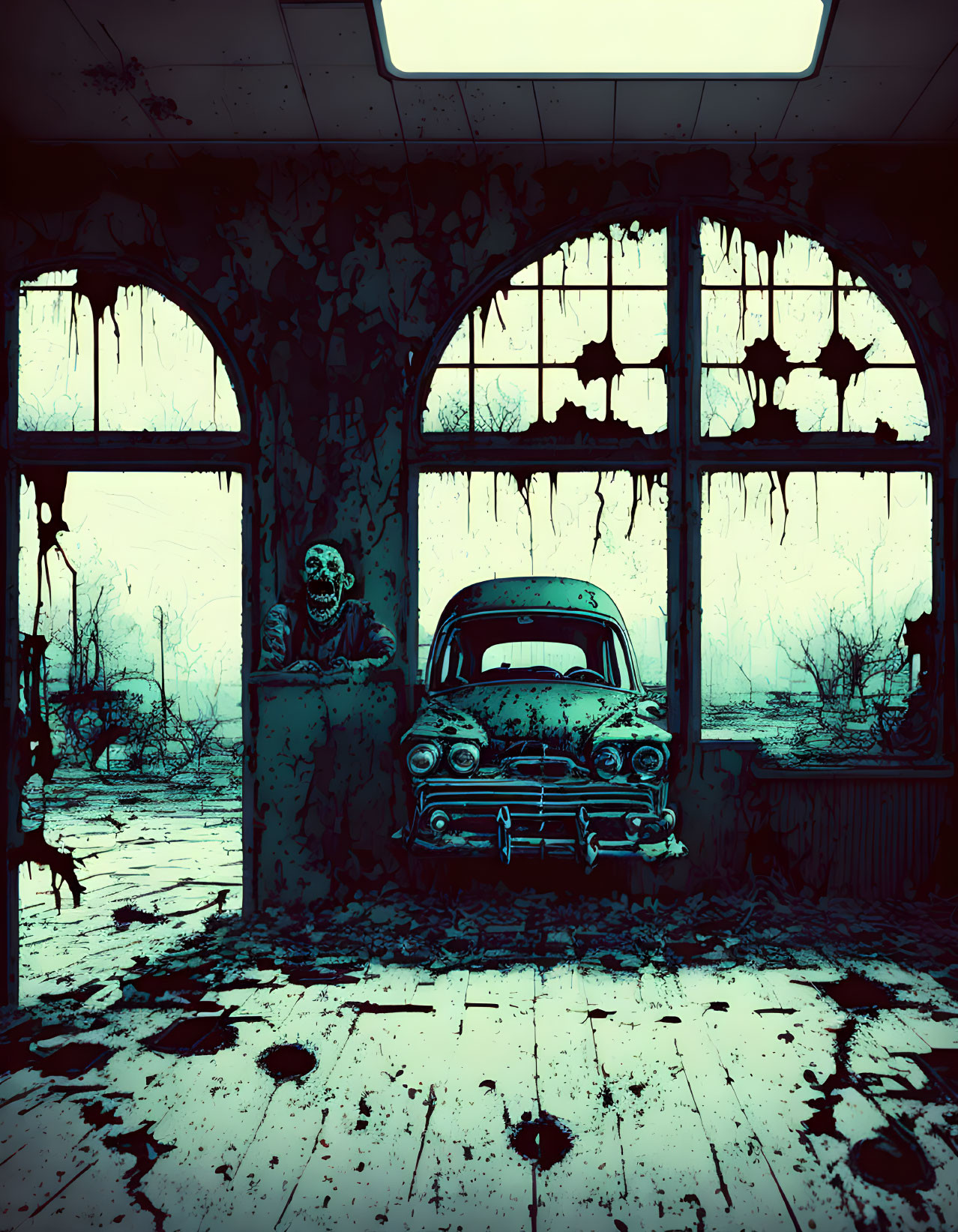 Decrepit room with skeleton in rusty car and overgrown foliage.