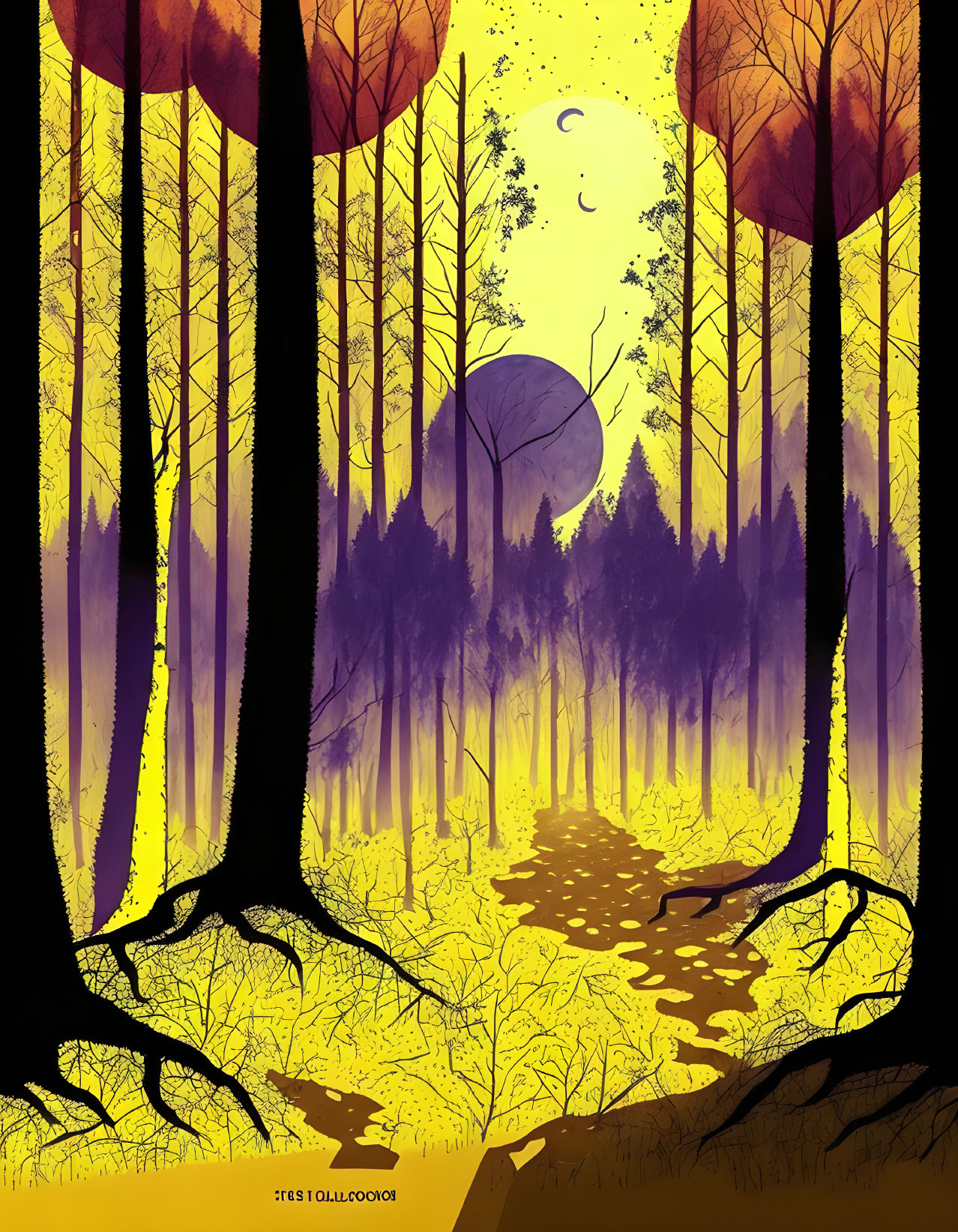 Stylized forest scene with tall trees, path, and planets in sky