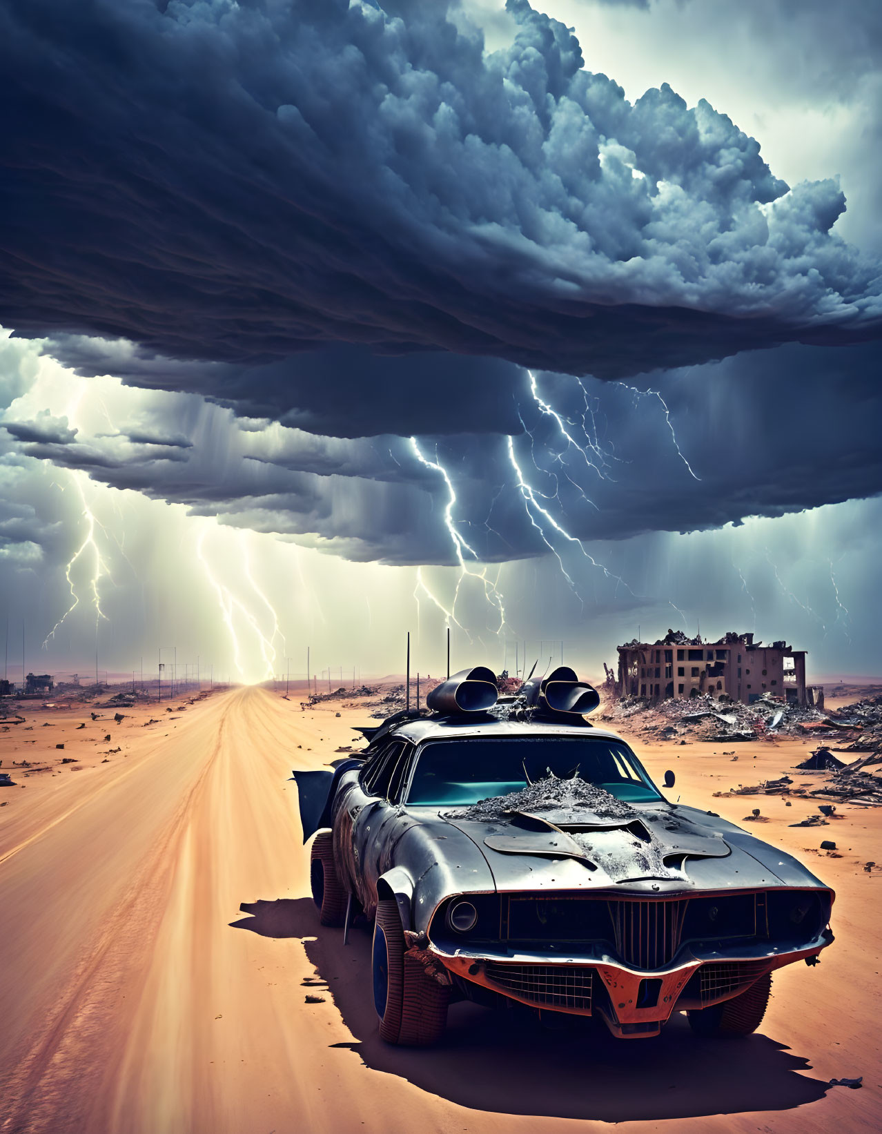 Modified car racing in stormy desert with lightning strikes.