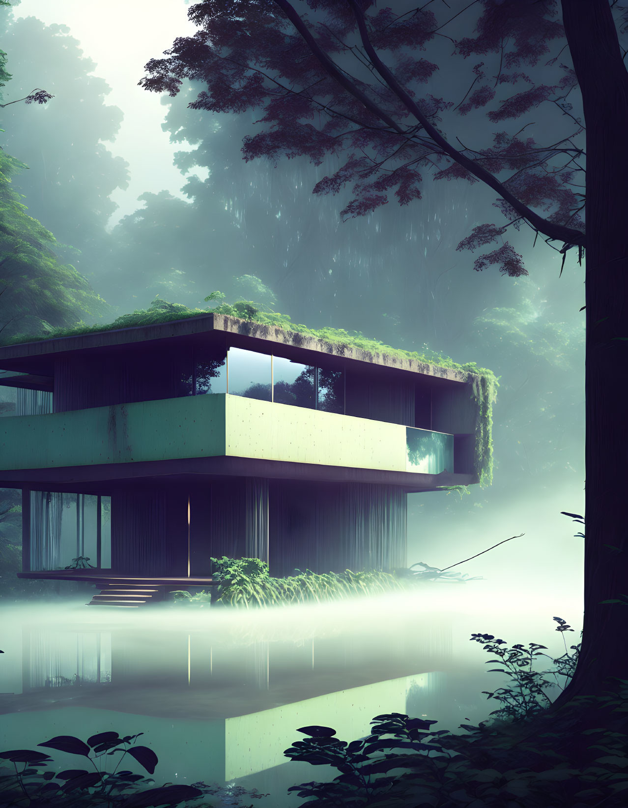 Two-story house in foggy forest with reflection on water surface