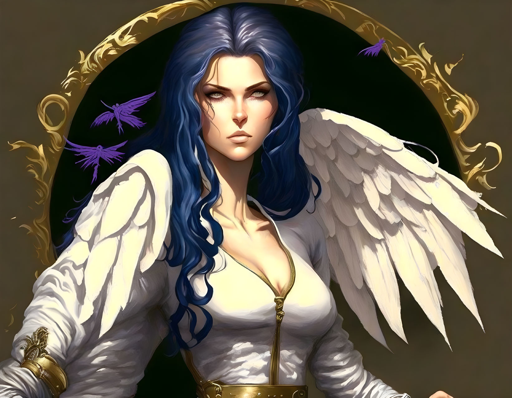 Fantasy digital art: Blue-haired female with angel wings, golden ornaments, purple butterflies.