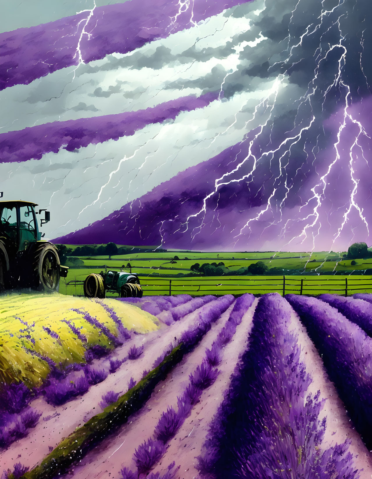 Vibrant lavender field with stormy sky and lightning strikes