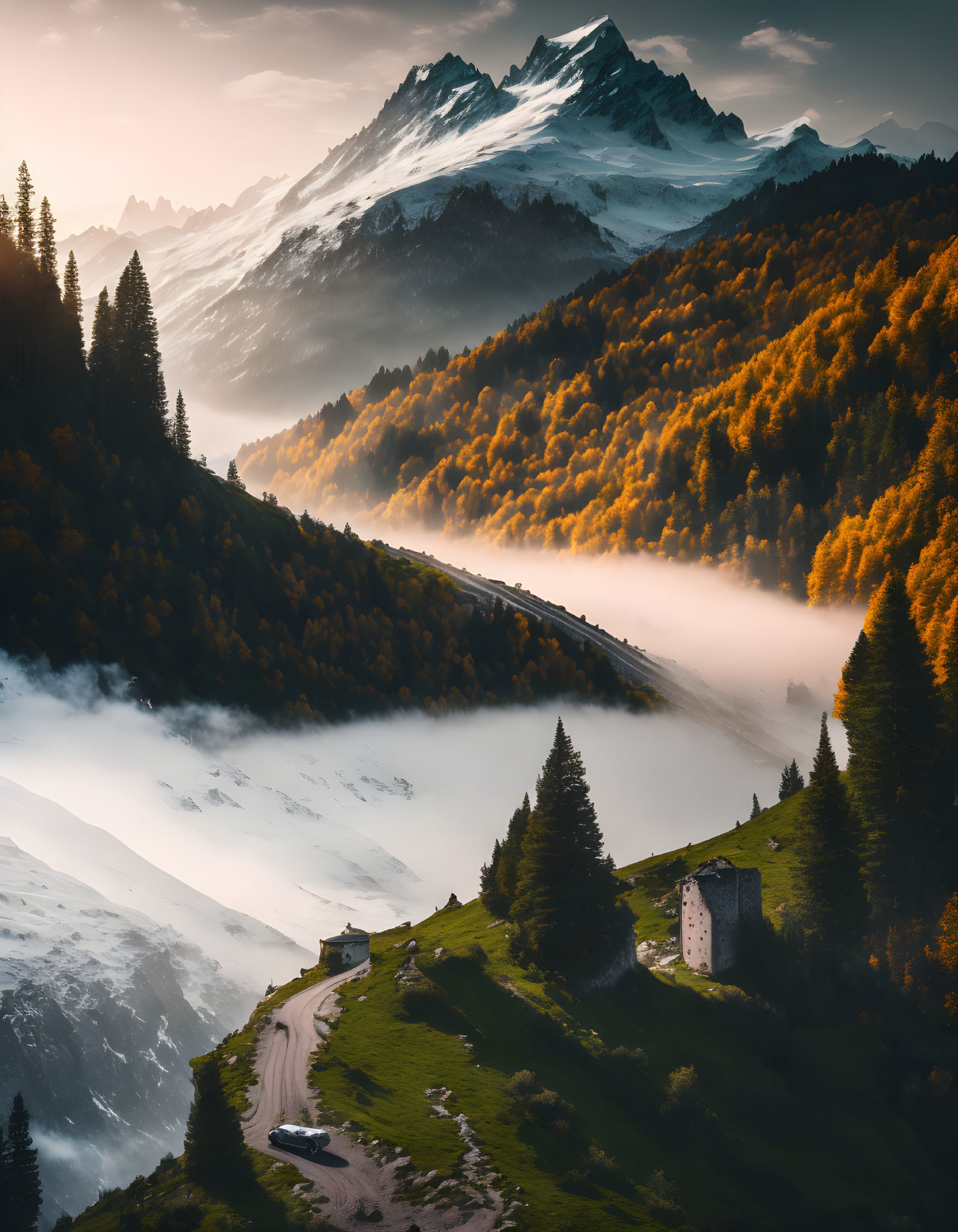 Autumn mountain landscape with fog, winding path, and snow-capped peaks