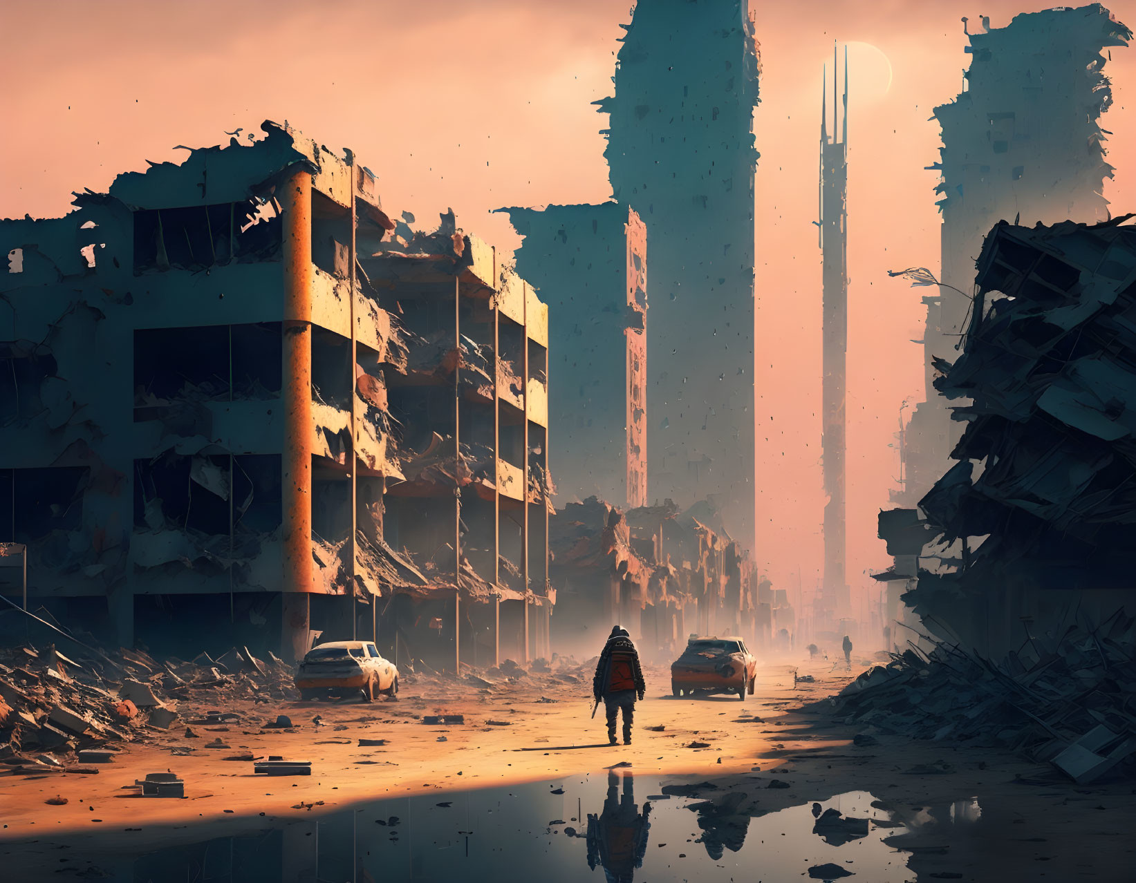 Desolate post-apocalyptic city with ruins and abandoned cars