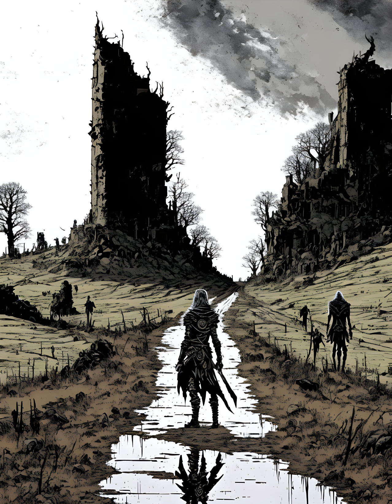 Desolate path with lone warrior, ruins, silhouetted figures, and reflection.