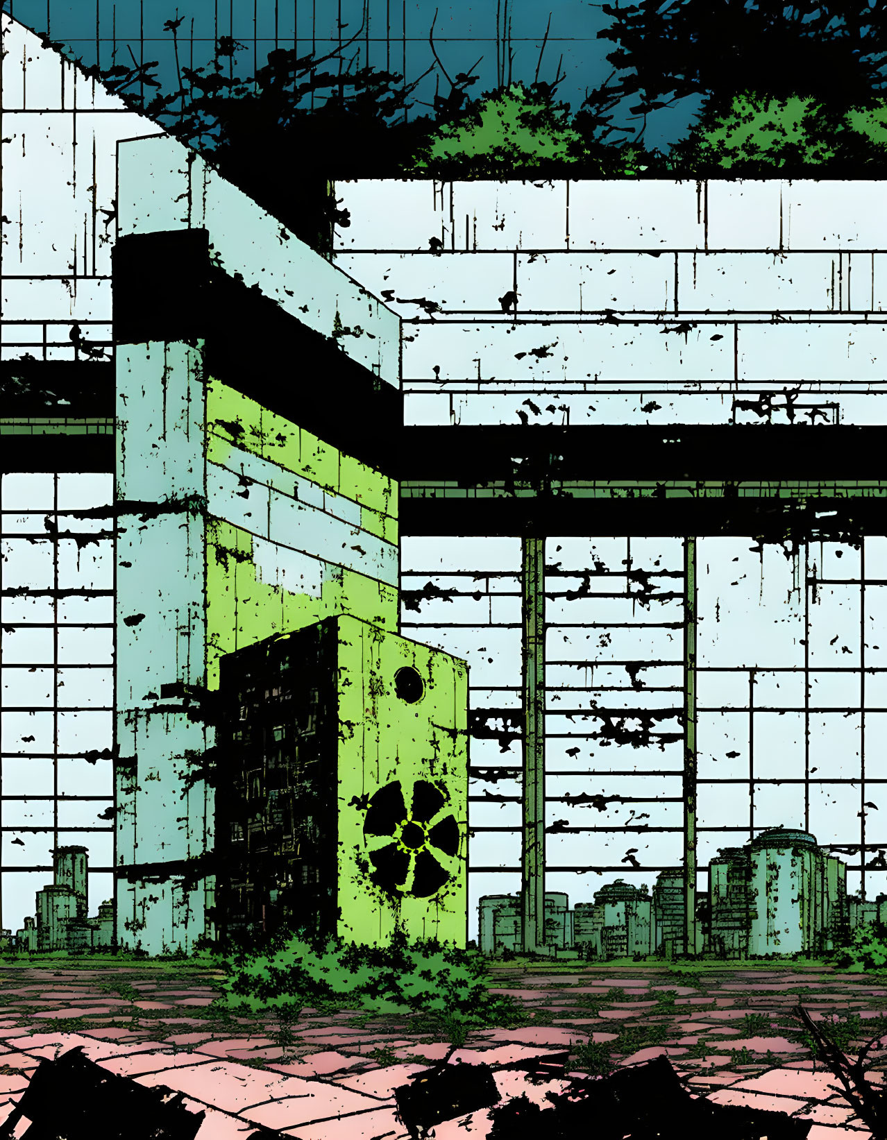 Stylized image: dilapidated building with green hues and radioactive symbol