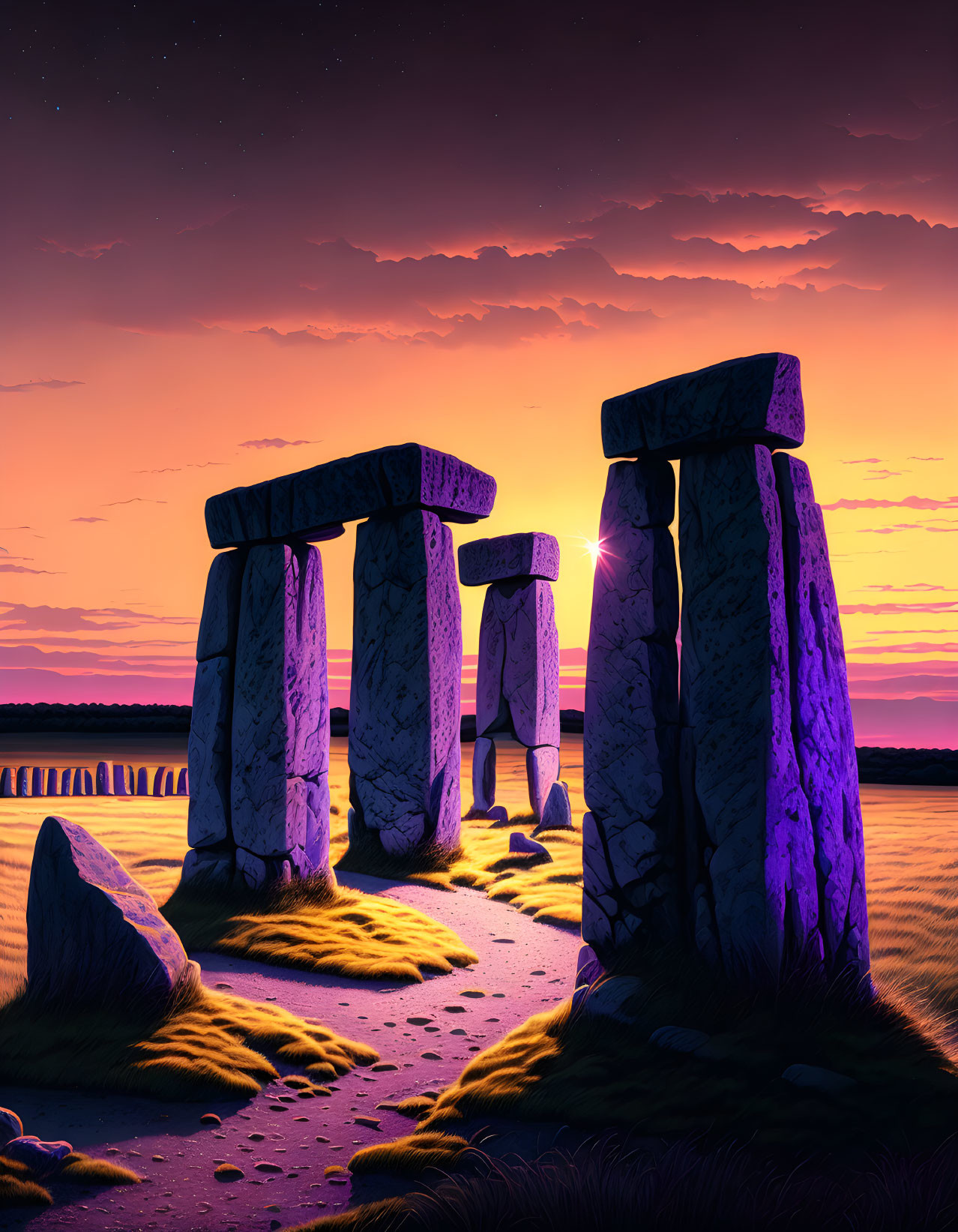 Ancient rock formations at sunset with purple sky, grassy foreground, and water view