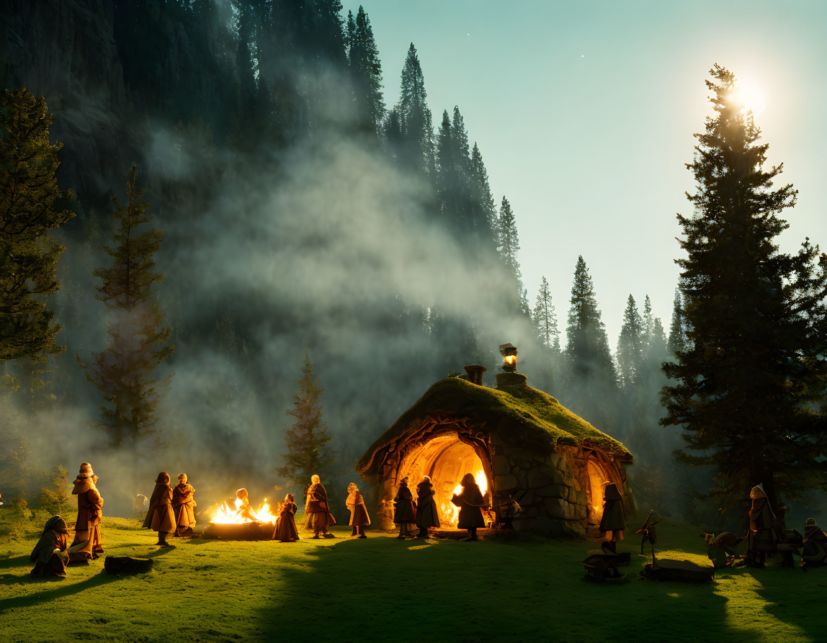 Group of people around campfire near moss-covered hut in misty mountain valley