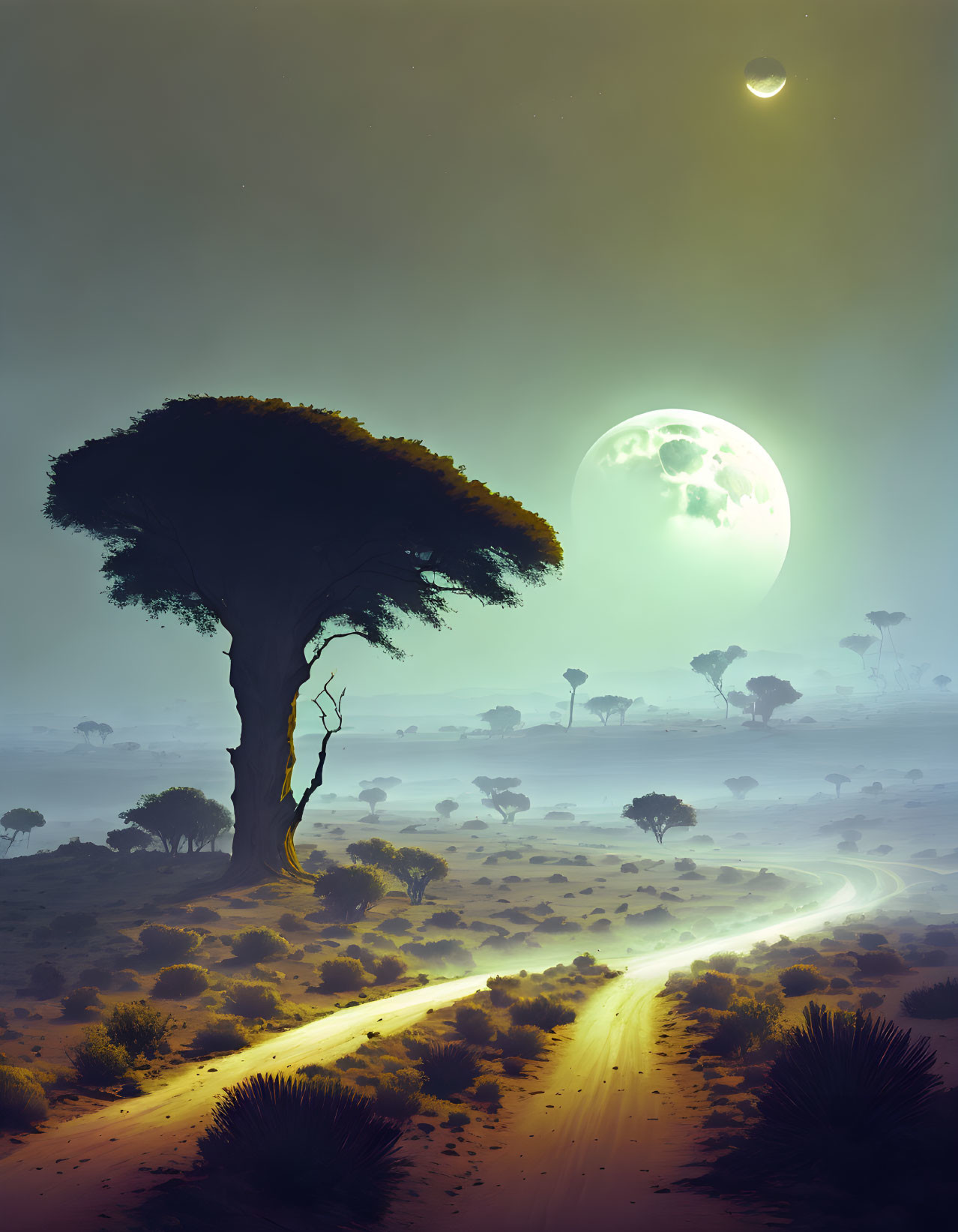 Ethereal night landscape with glowing path in desert under large moon and crescent.