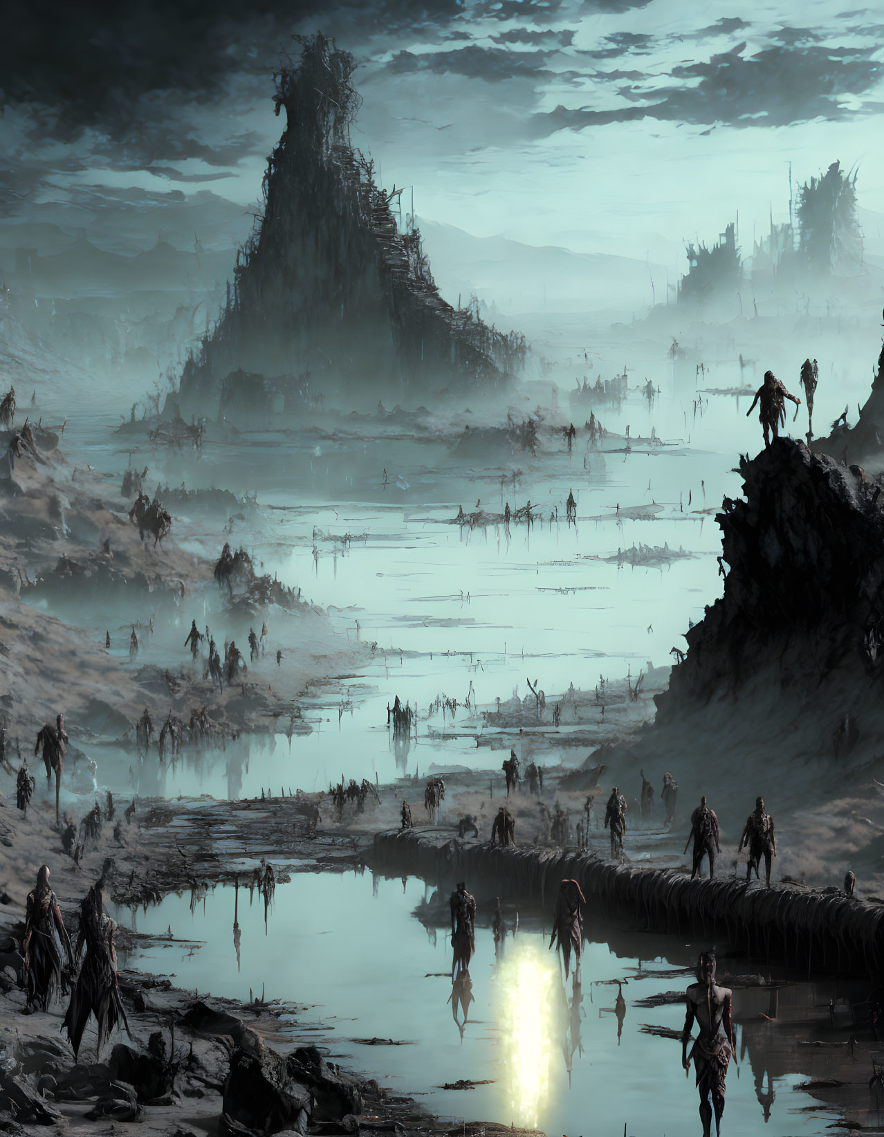 Desolate dystopian landscape with murky waters and wandering figures.