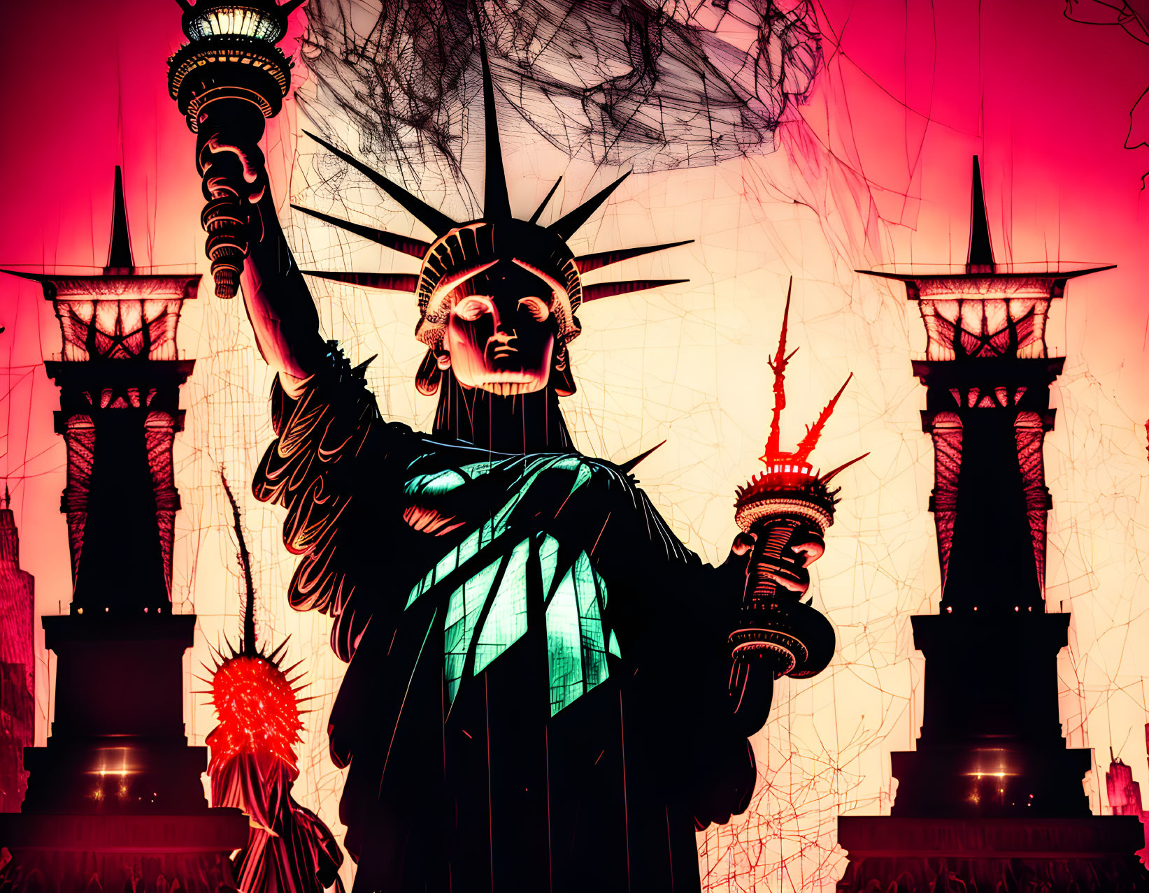 Multiple Statues of Liberty in stylized form against a crimson and black abstract backdrop.