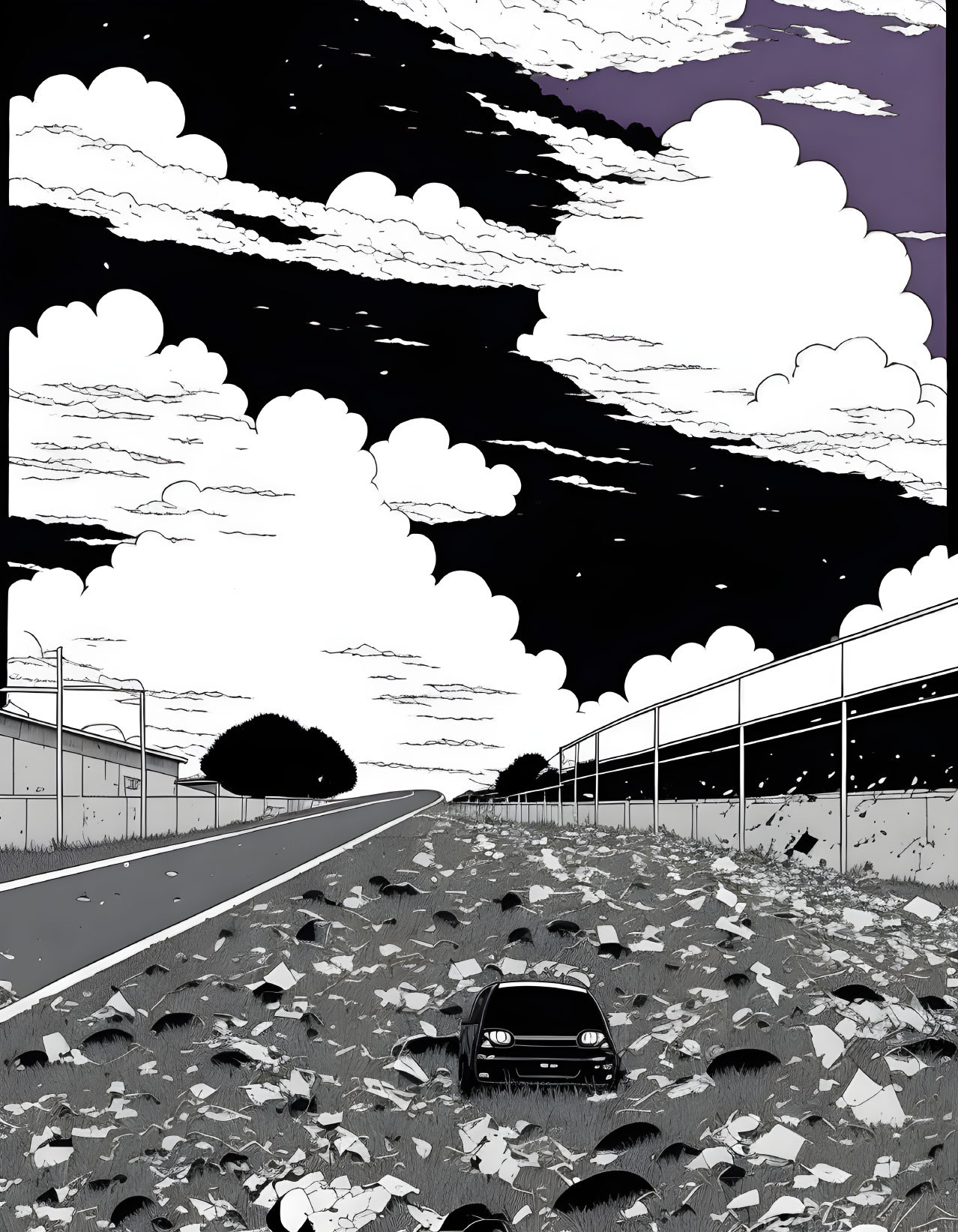 Monochrome illustration of car on deserted road at day-night transition