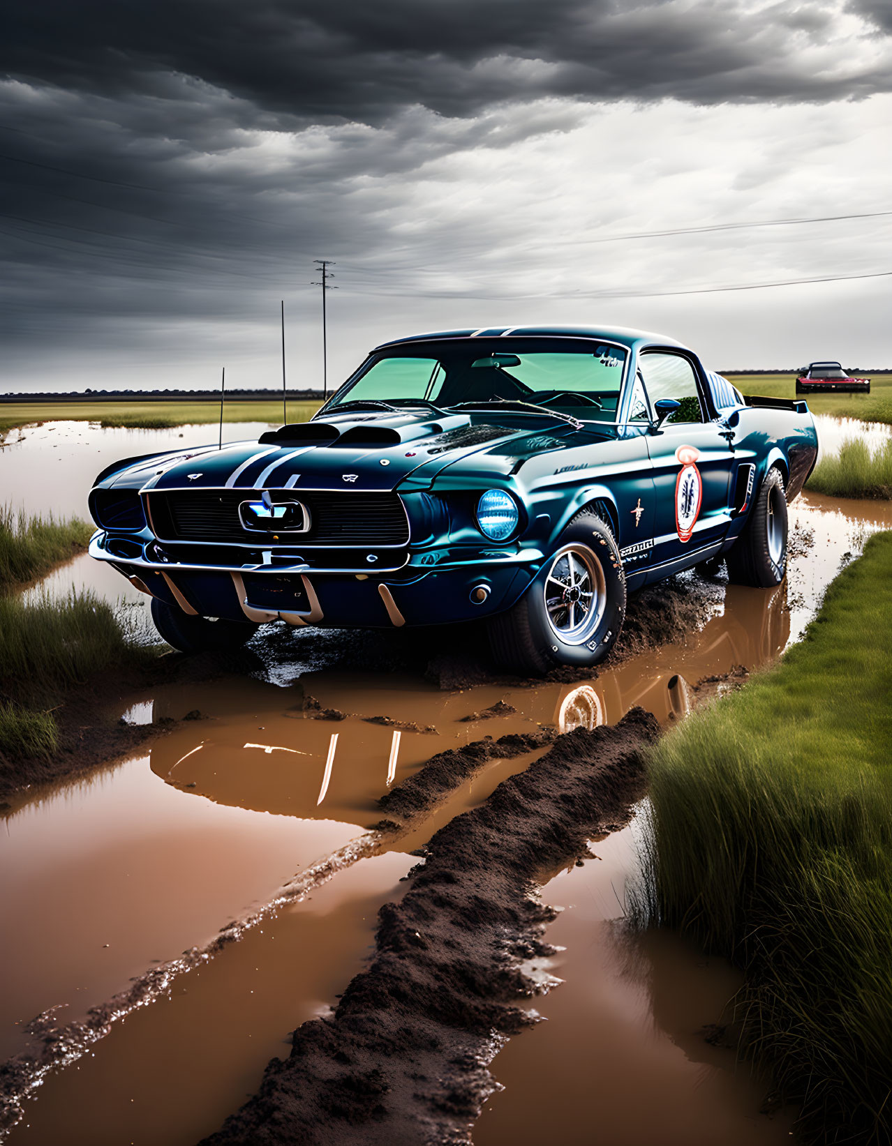 Vintage Blue Mustang with White Racing Stripes Reflecting in Puddle