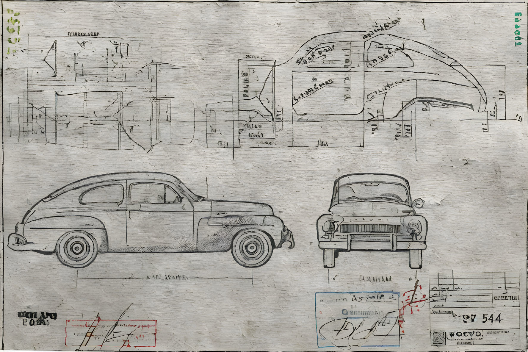 Detailed Vintage Car Blueprint with Side, Top, Front Views and Design Annotations