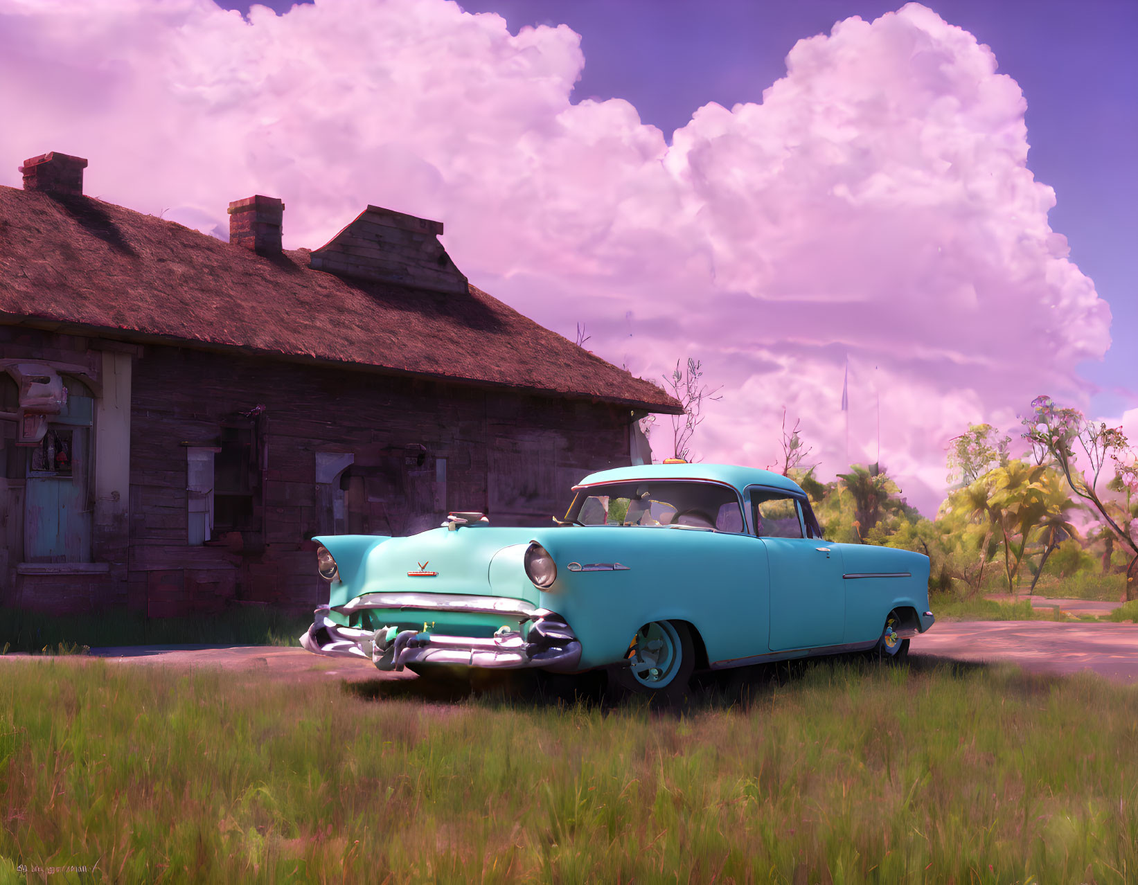 Vintage turquoise car parked by old dilapidated house under fluffy purple sky