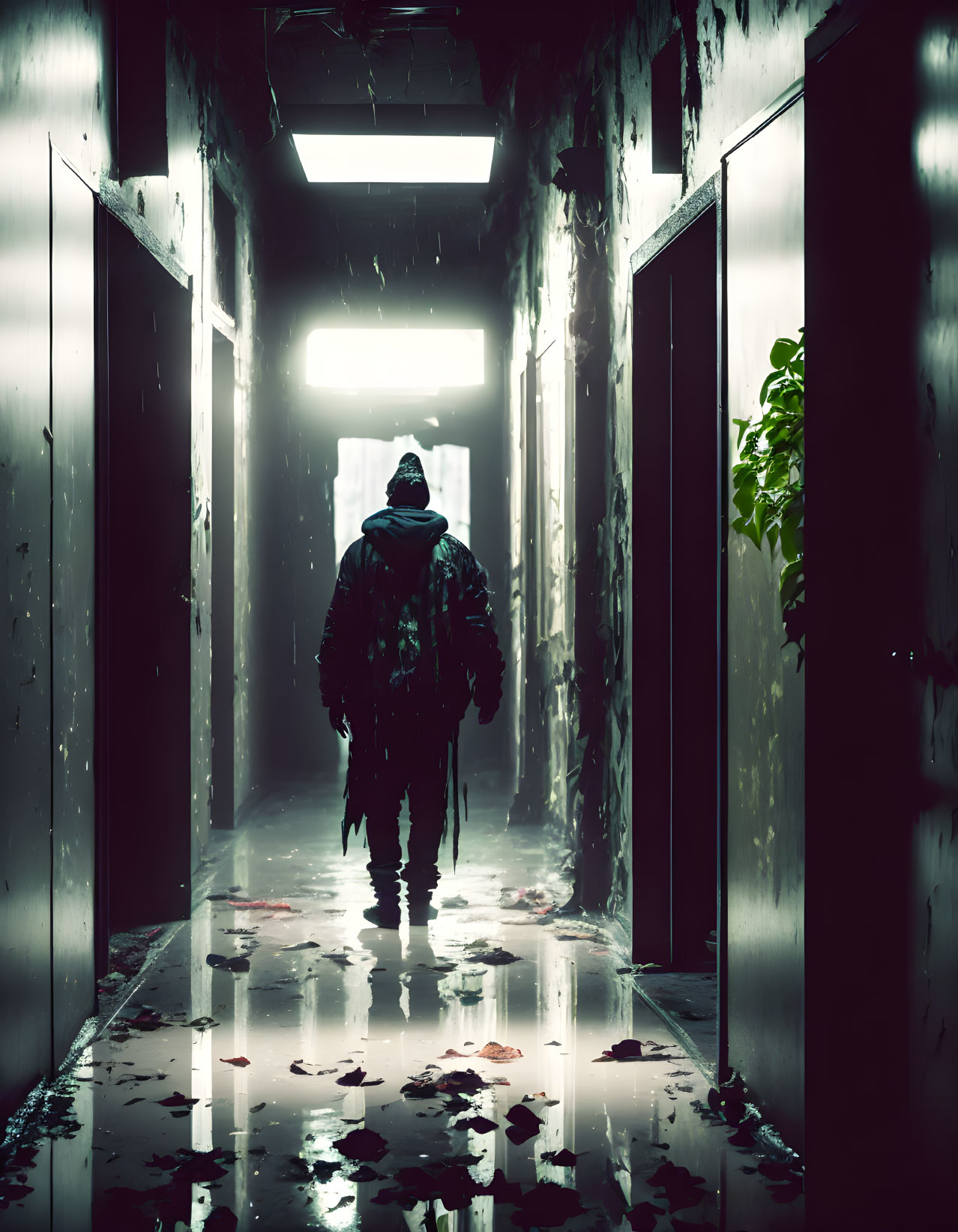 Person in heavy coat walks in dark, dilapidated hallway