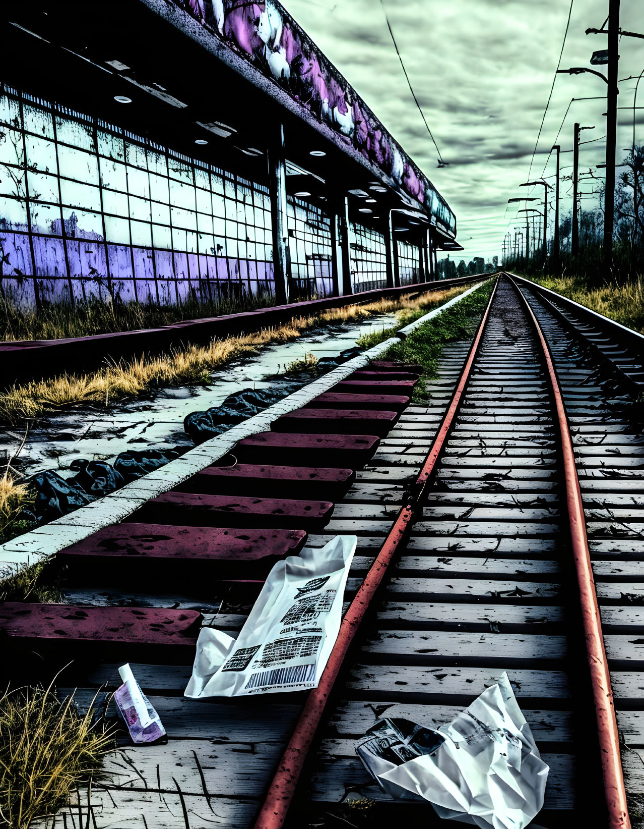 Desolate railway platform with graffiti, abandoned newspapers, and cloudy sky