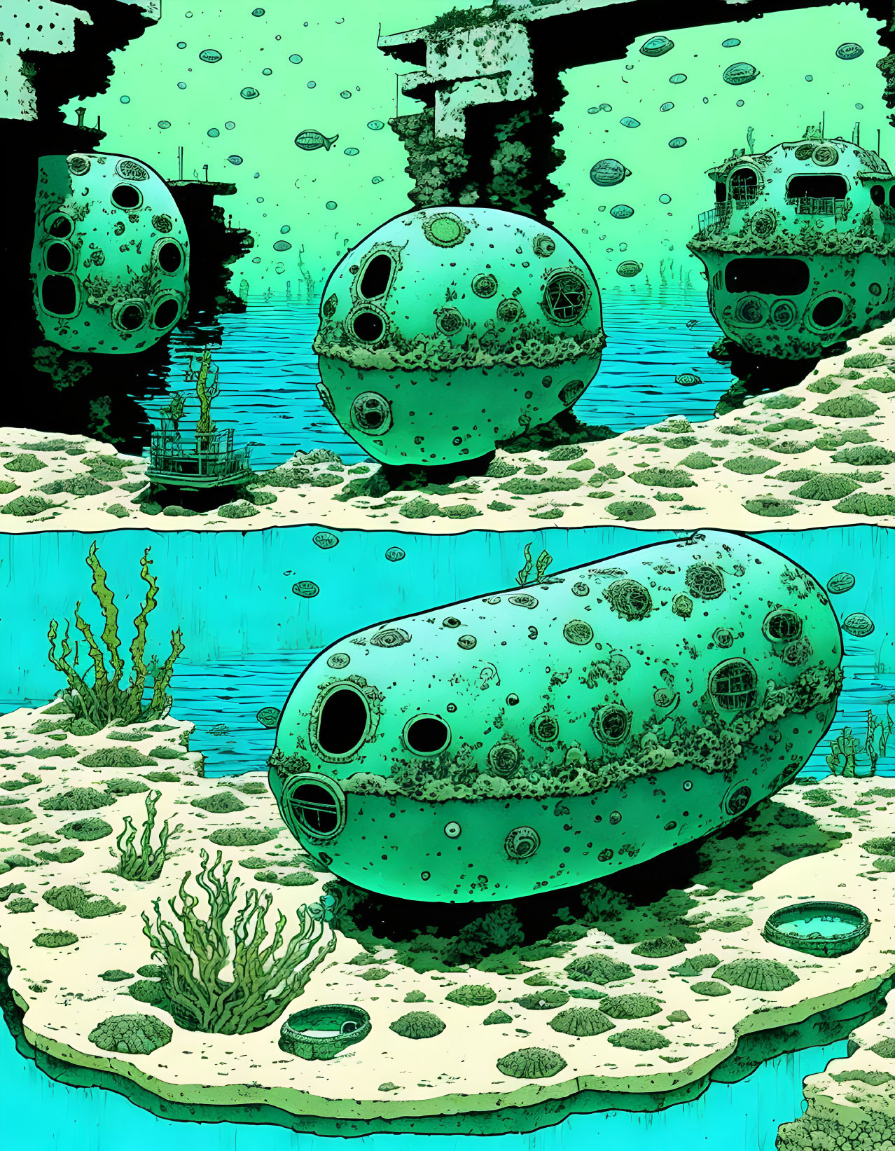 Underwater comic book scene with spherical portholes, ruins, and marine life in vivid teal and