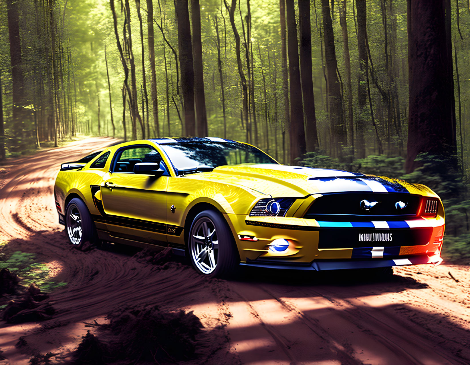 Yellow Sports Car with Racing Stripes Parked in Forest Trail