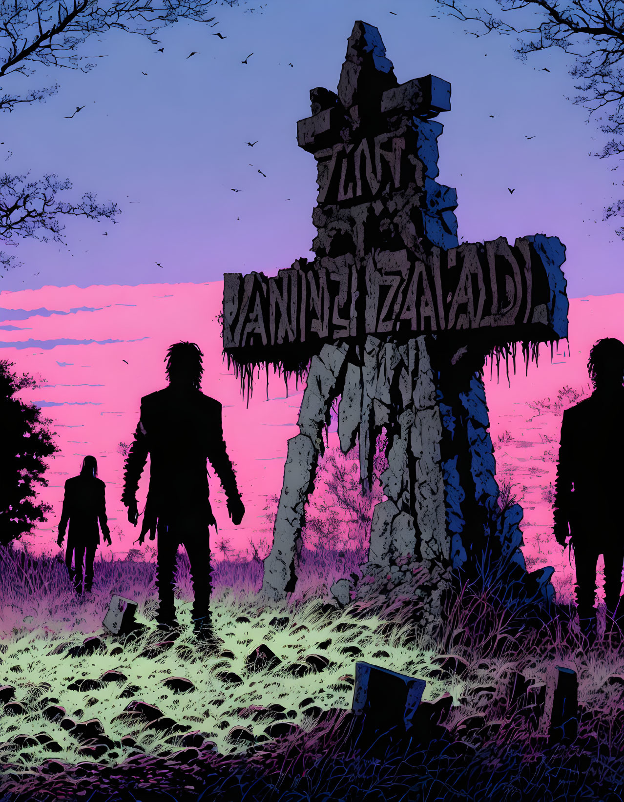 Stylized dusk cemetery scene with zombies and cross gravestone under purple sky