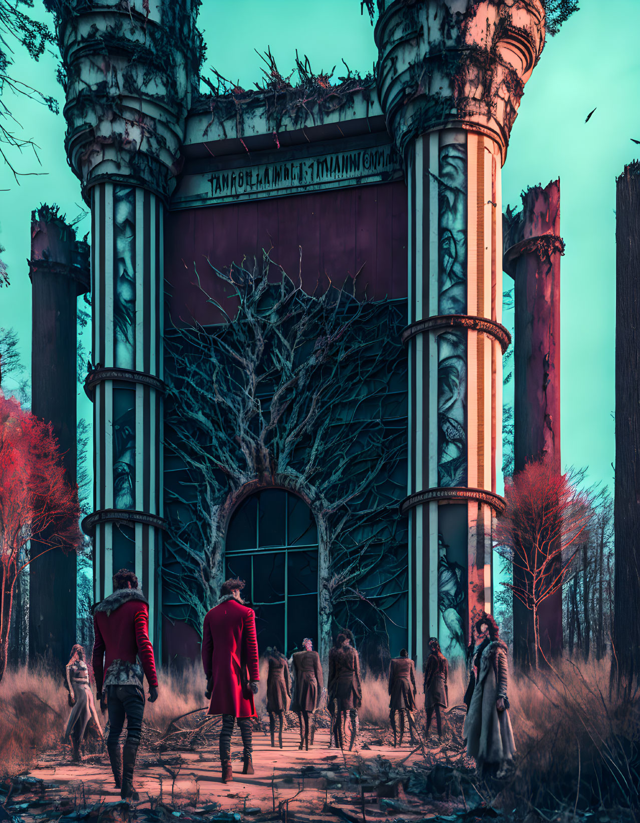 Group of people in coats near eerie ruined building with large tree under surreal sky