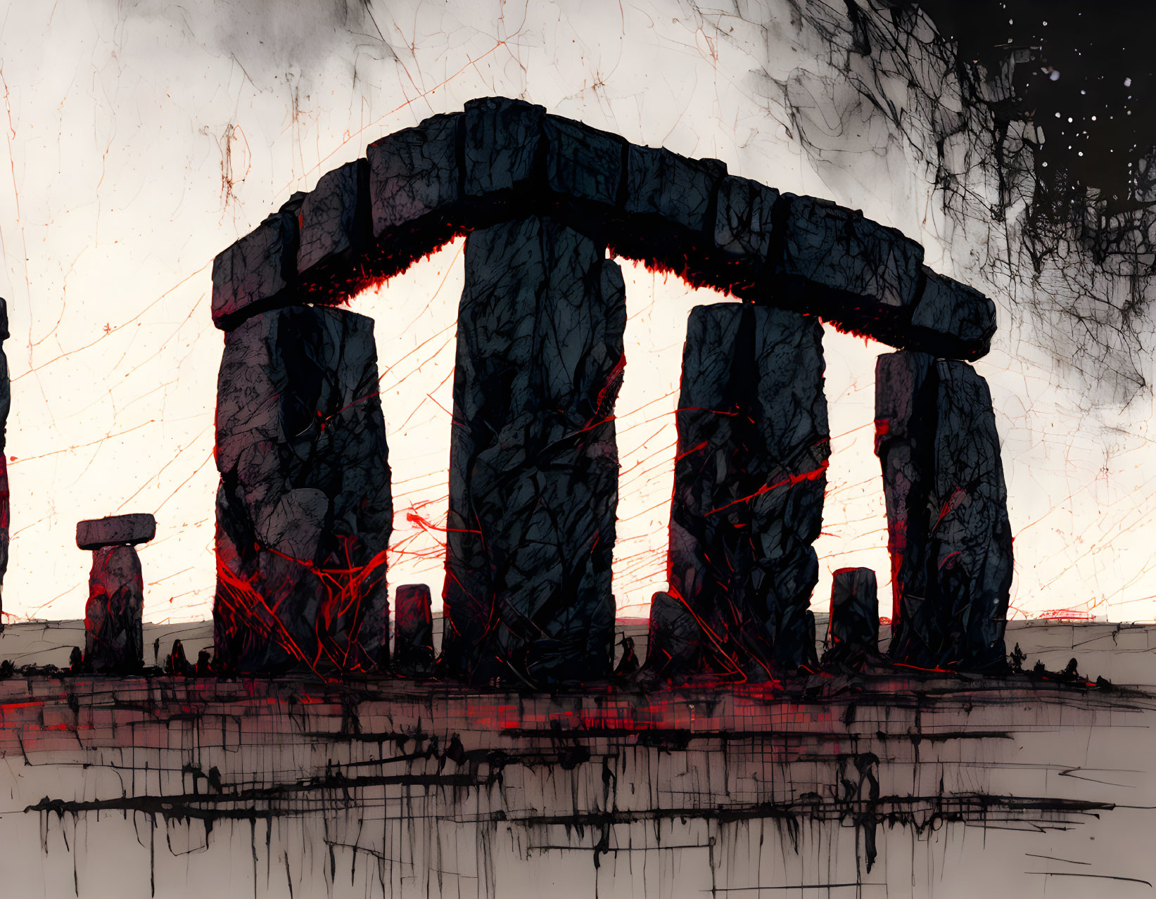 Stylized dark Stonehenge art with red accents and ominous background