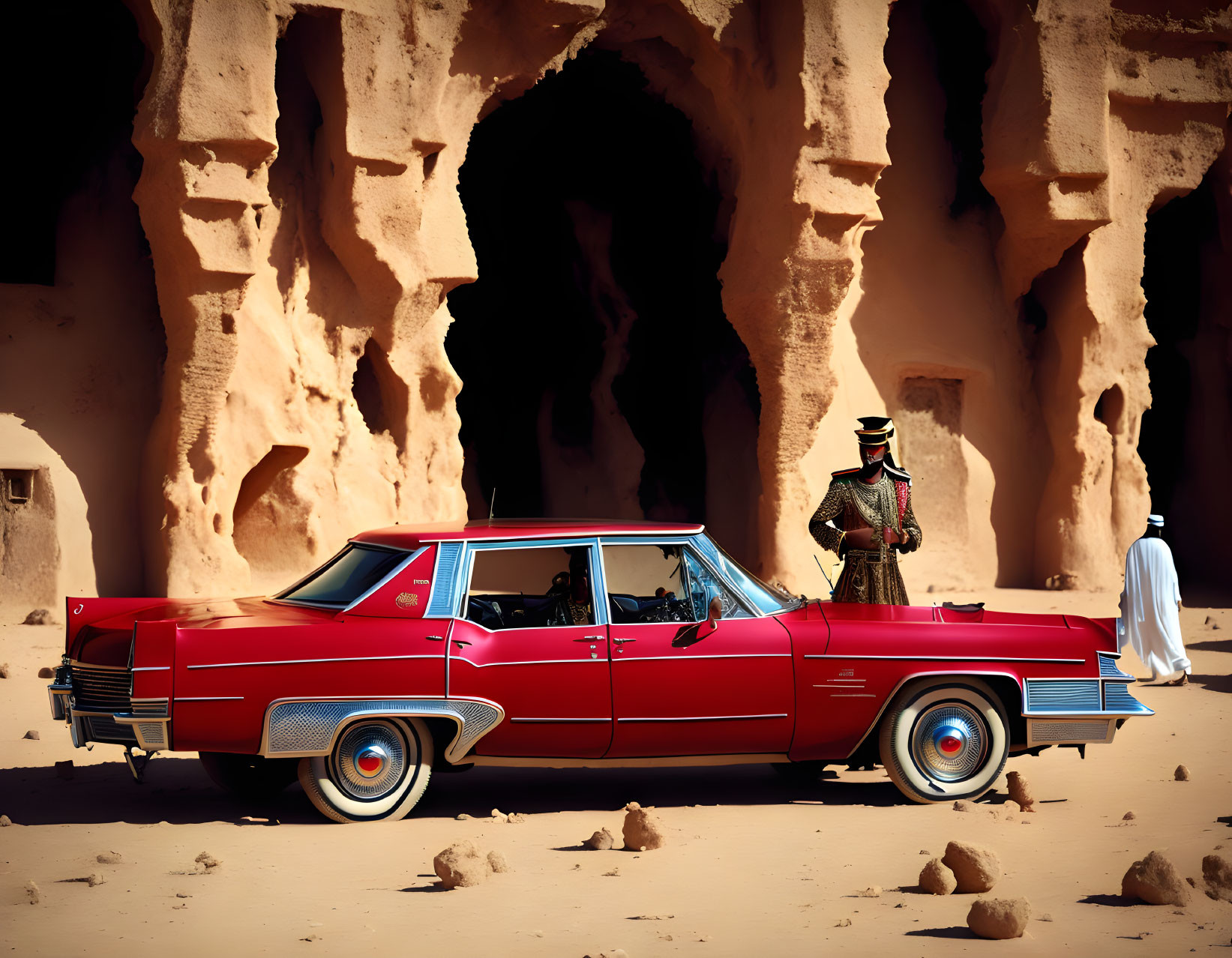 Vintage Red Car with Elegant Figures in Desert Setting